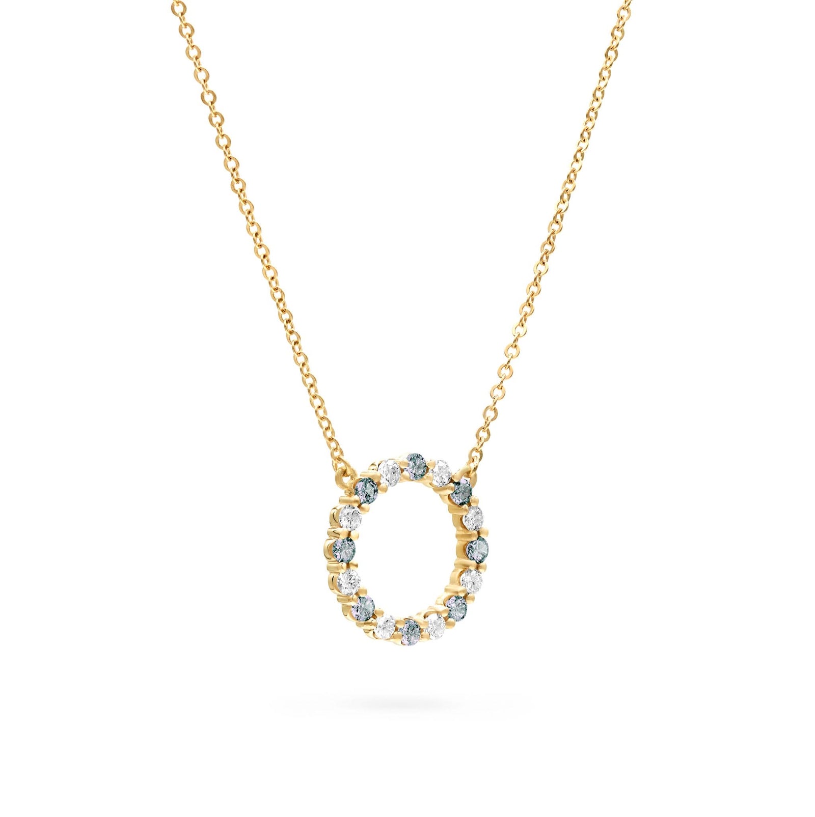 Rosecliff open circle necklace with 16 alternating 2 mm round cut alexandrites & diamonds prong set in 14k gold - angled view
