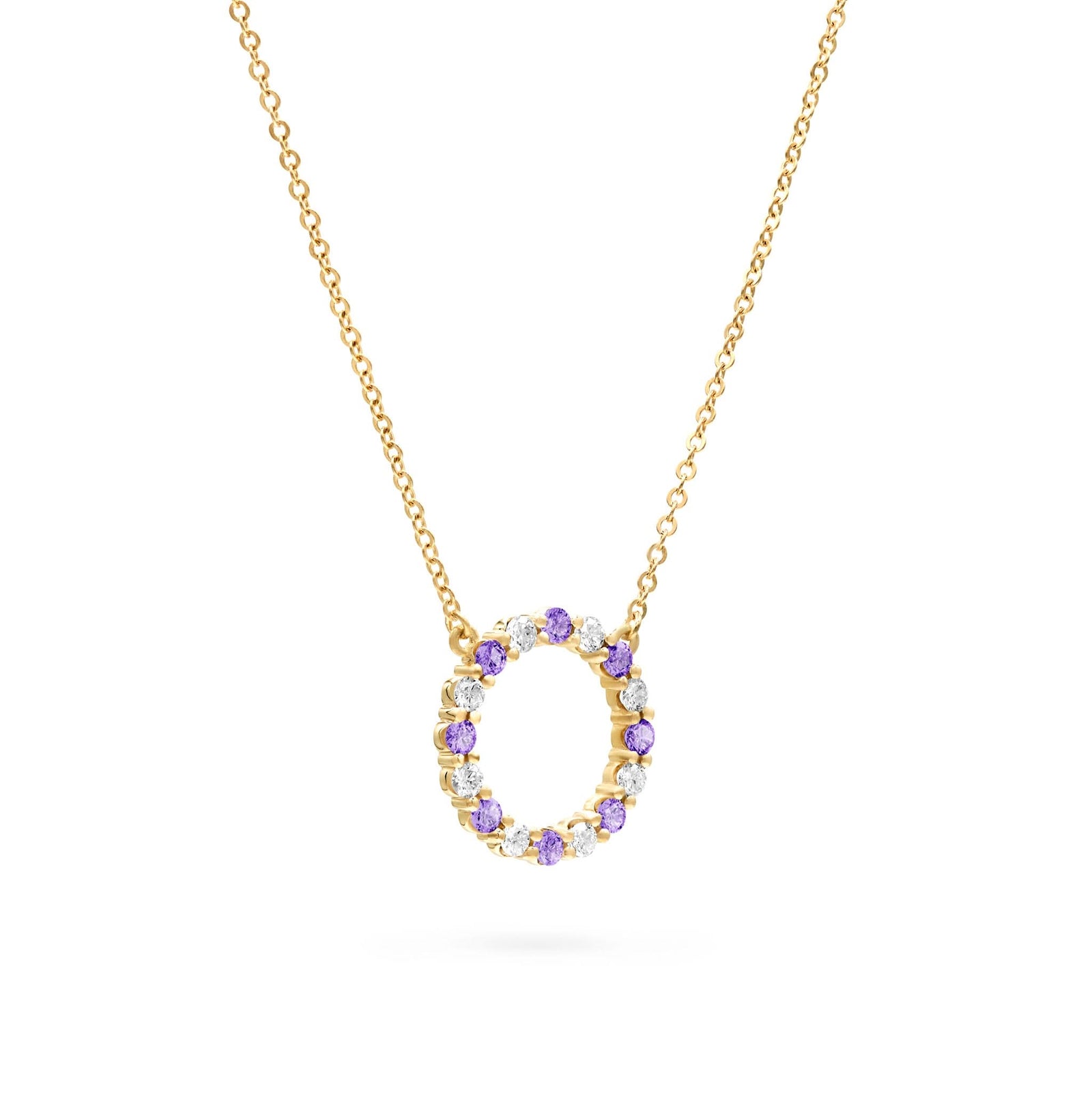 Rosecliff open circle necklace with 16 alternating 2 mm round cut amethysts & diamonds prong set in 14k gold - angled view