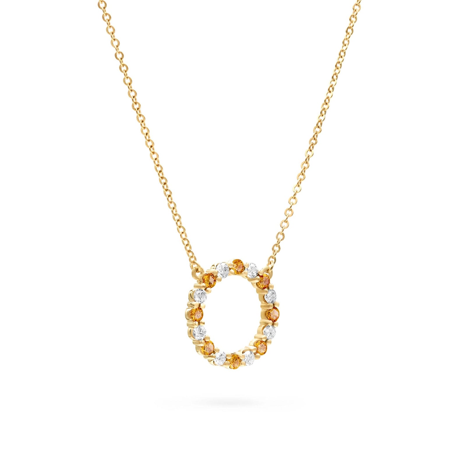 Rosecliff open circle necklace with 16 alternating 2 mm round cut diamonds & citrines prong set in 14k gold - angled view
