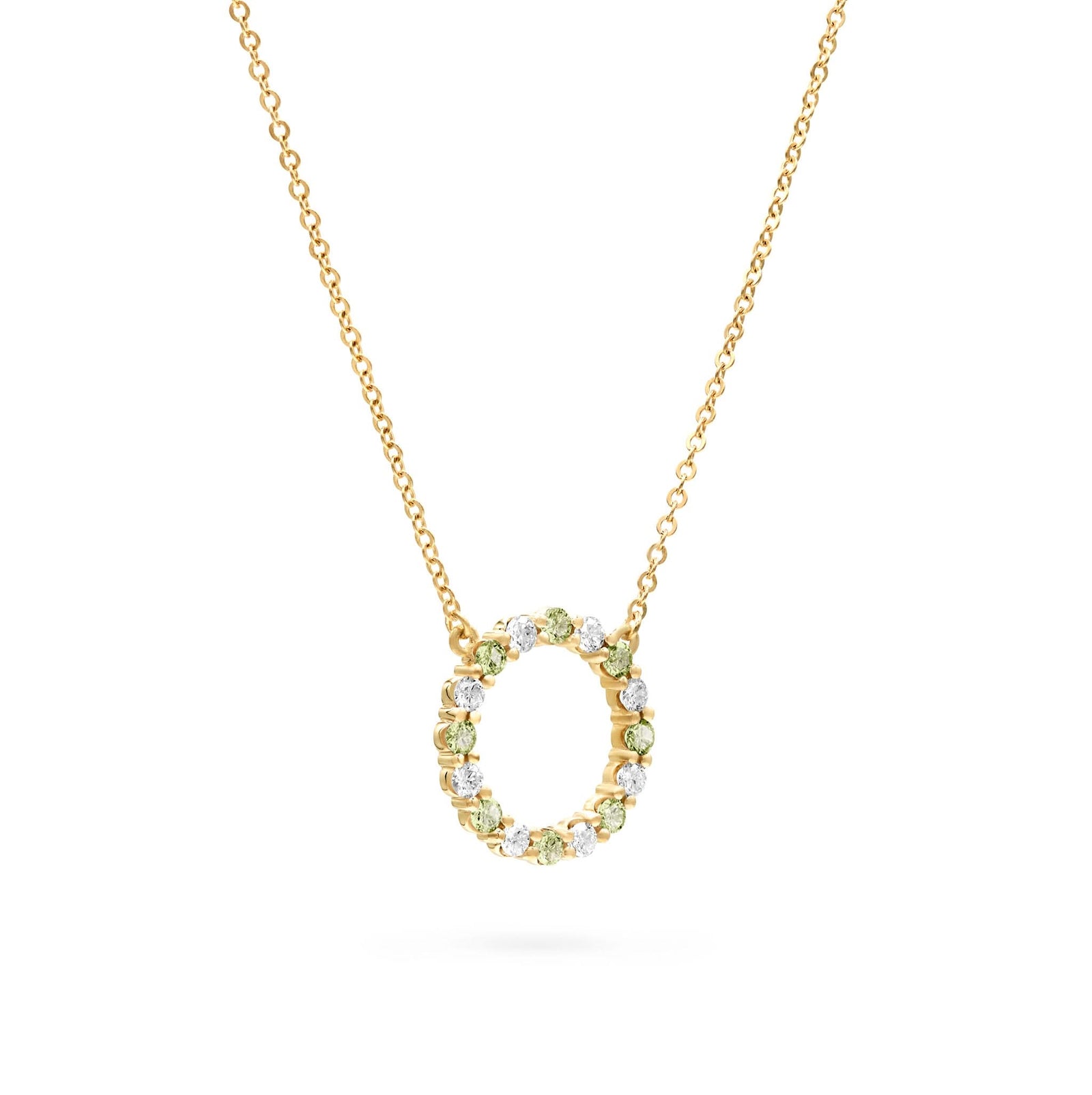 Rosecliff open circle necklace with 16 alternating 2 mm round cut peridots & diamonds prong set in 14k gold - angled view