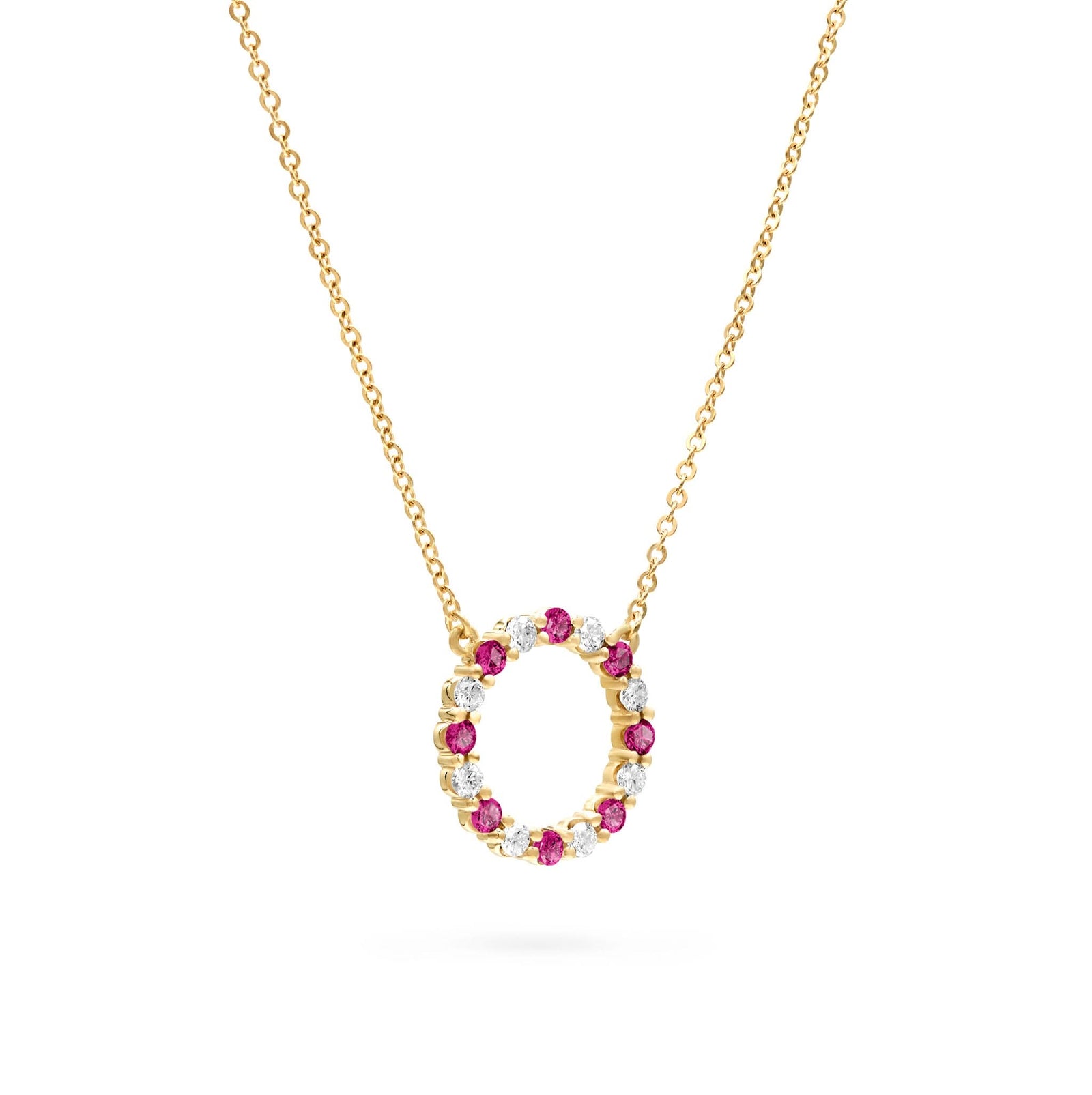 Rosecliff open circle necklace with sixteen alternating 2 mm round cut rubies & diamonds prong set in 14k gold - angled view