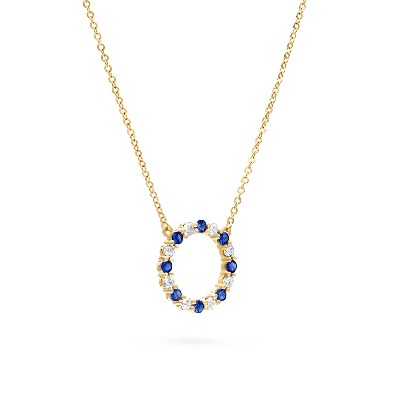 Rosecliff open circle necklace with sixteen alternating 2 mm faceted sapphires & diamonds prong set in 14k gold - angled view