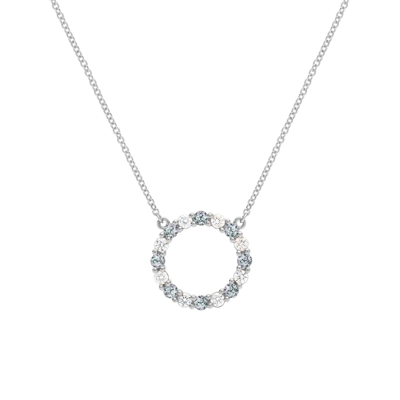 Rosecliff open circle necklace with sixteen alternating 2 mm round cut alexandrites & diamonds prong set in 14k white gold