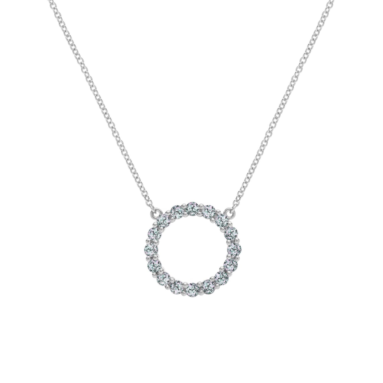 Rosecliff open circle necklace with sixteen 2 mm faceted round cut alexandrites prong set in 14k white gold