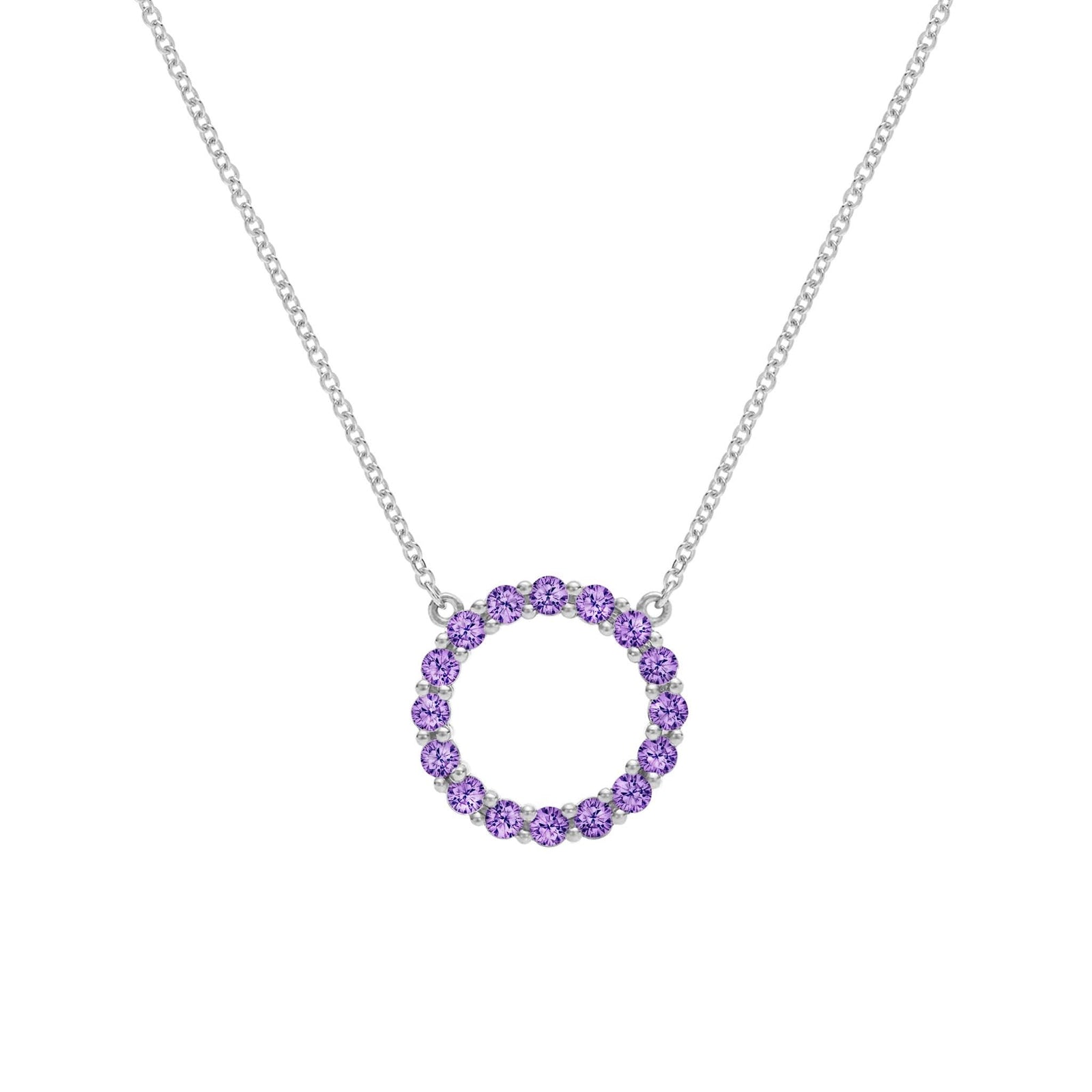 Rosecliff open circle necklace with sixteen 2 mm faceted round cut amethysts prong set in 14k white gold