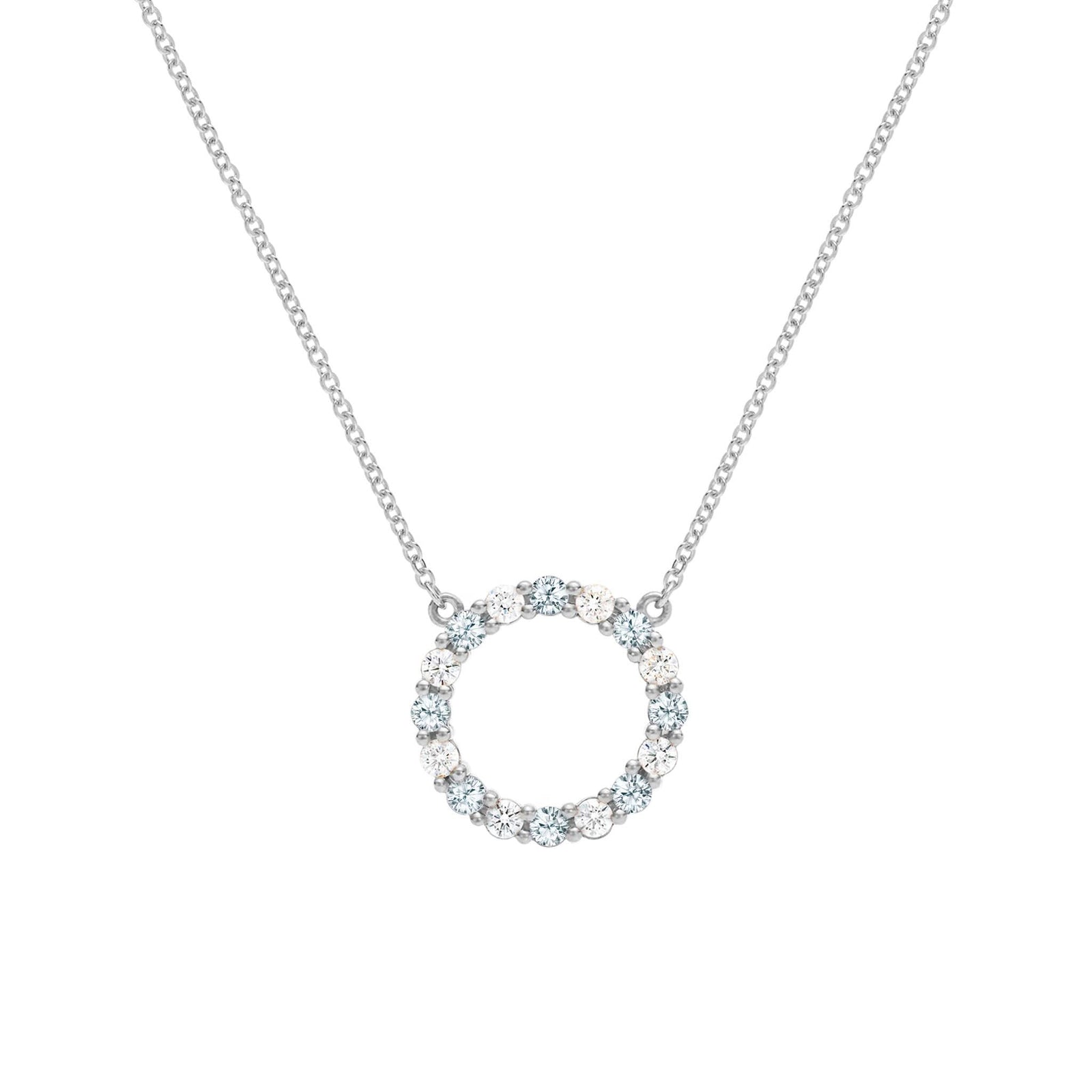 Rosecliff open circle necklace with sixteen alternating 2 mm round cut aquamarines & diamonds prong set in 14k white gold