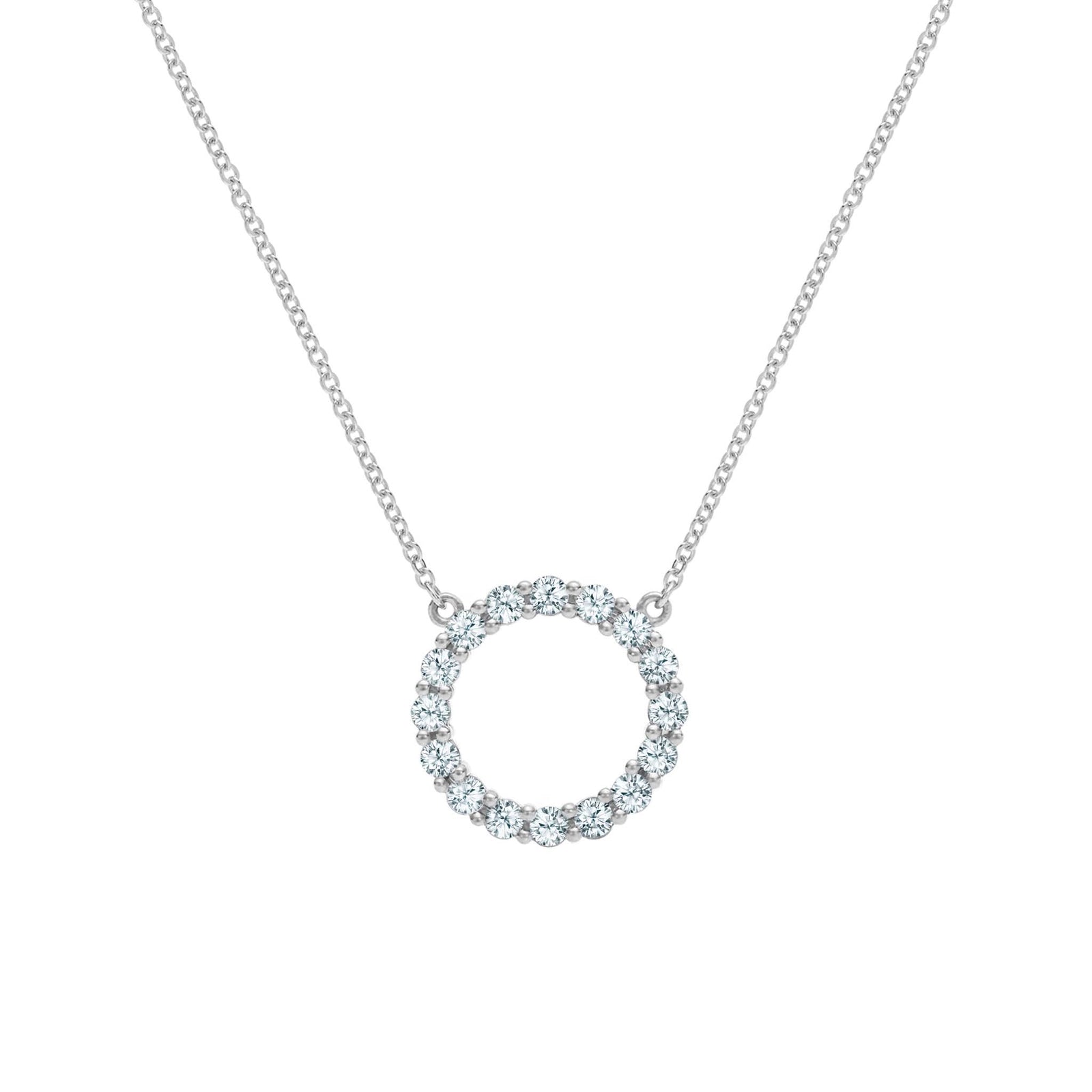 Rosecliff open circle necklace with sixteen 2 mm faceted round cut aquamarines prong set in 14k white gold