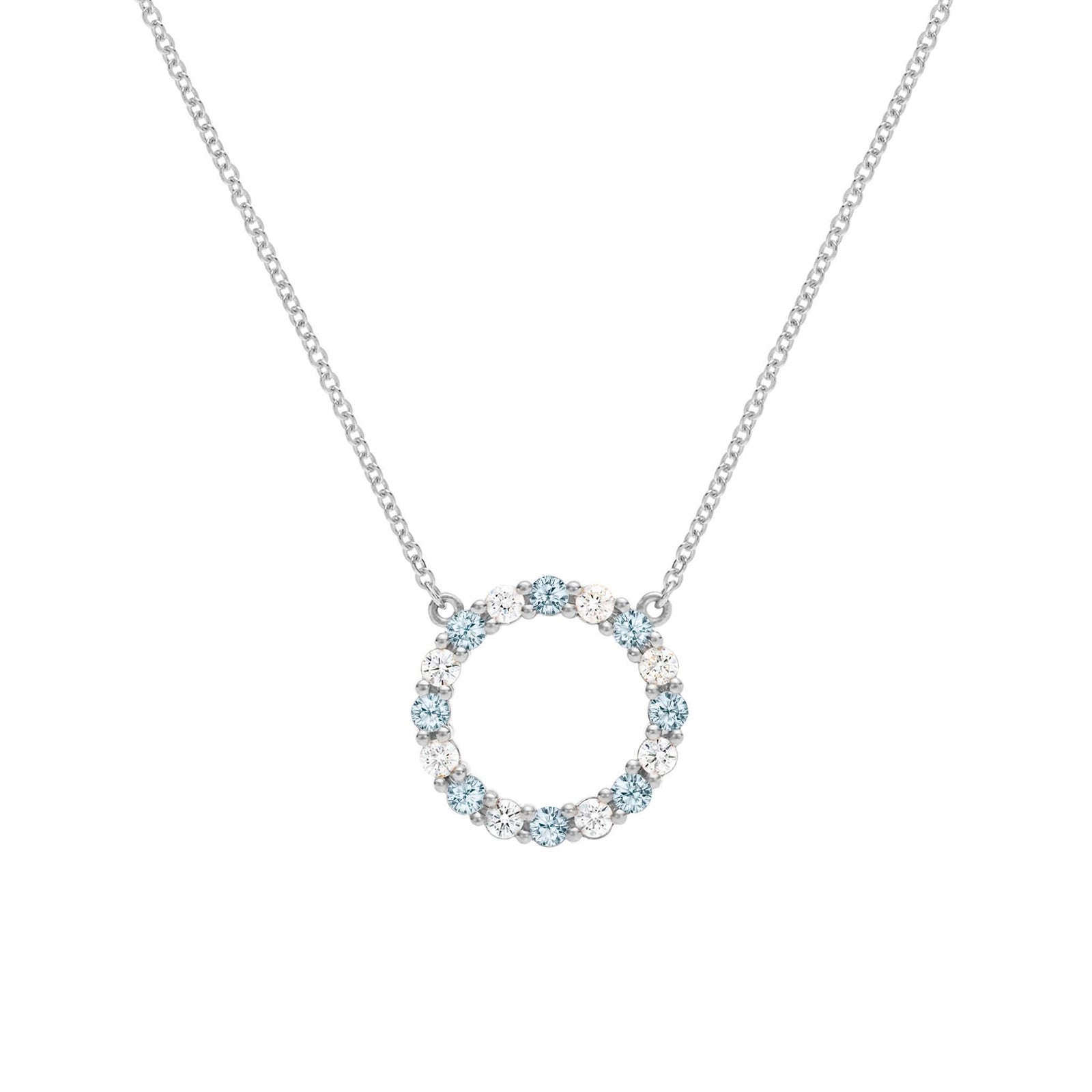 Rosecliff open circle necklace with 16 alternating 2 mm round cut Nantucket blue topaz & diamonds prong set in 14k white gold