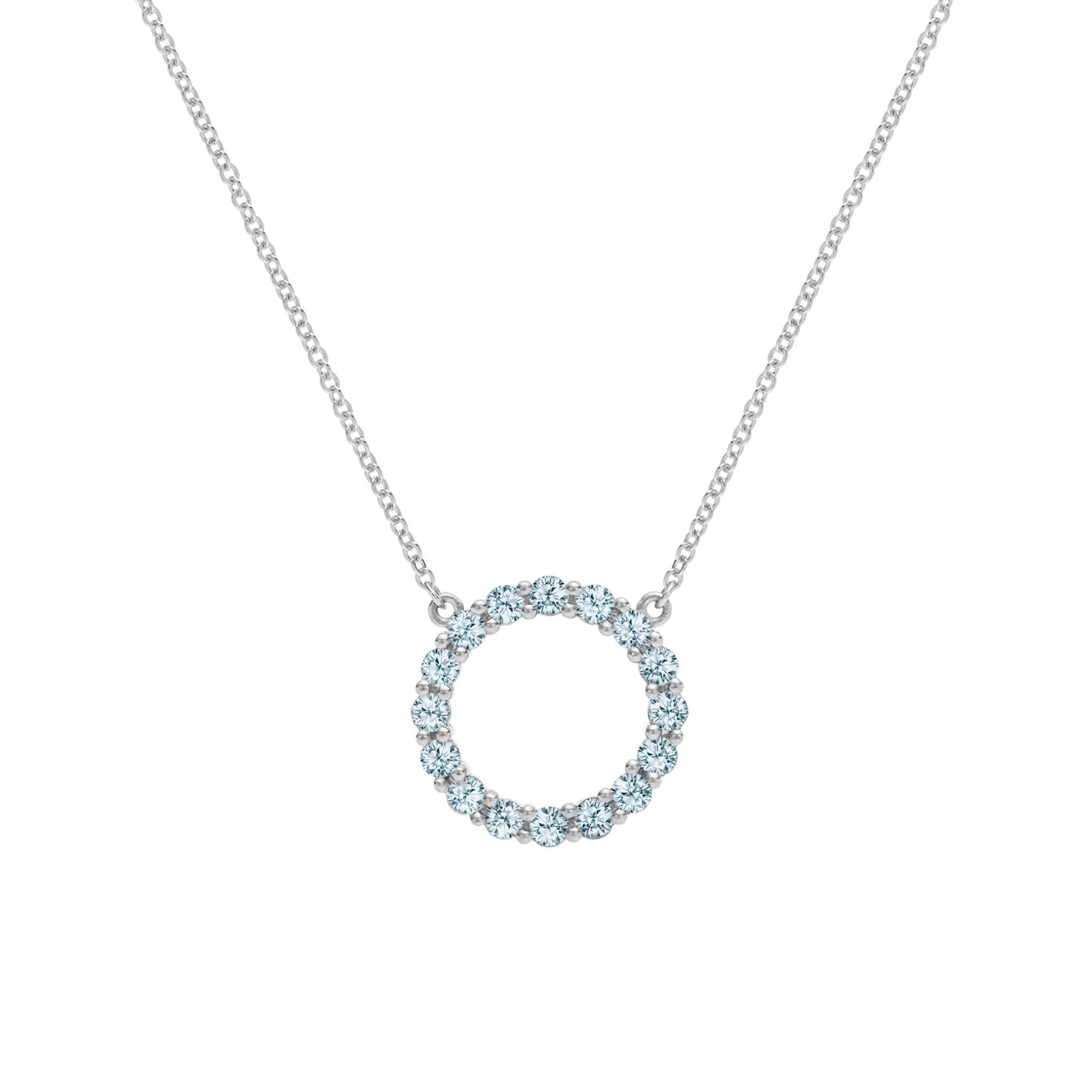 Rosecliff open circle necklace with sixteen 2 mm faceted round cut Nantucket blue topaz prong set in 14k white gold