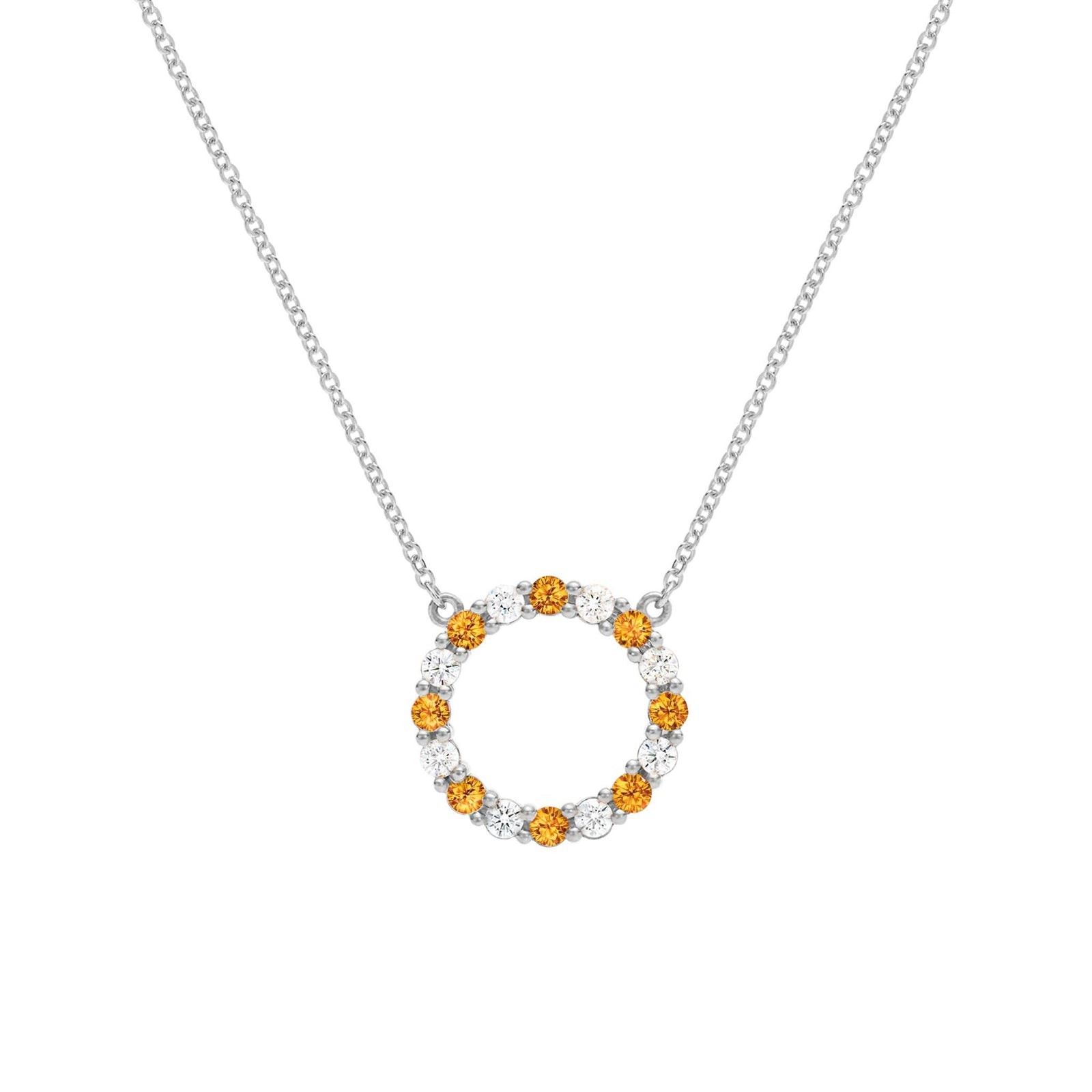 Rosecliff open circle necklace with sixteen alternating 2 mm round cut diamonds & citrines prong set in 14k white gold