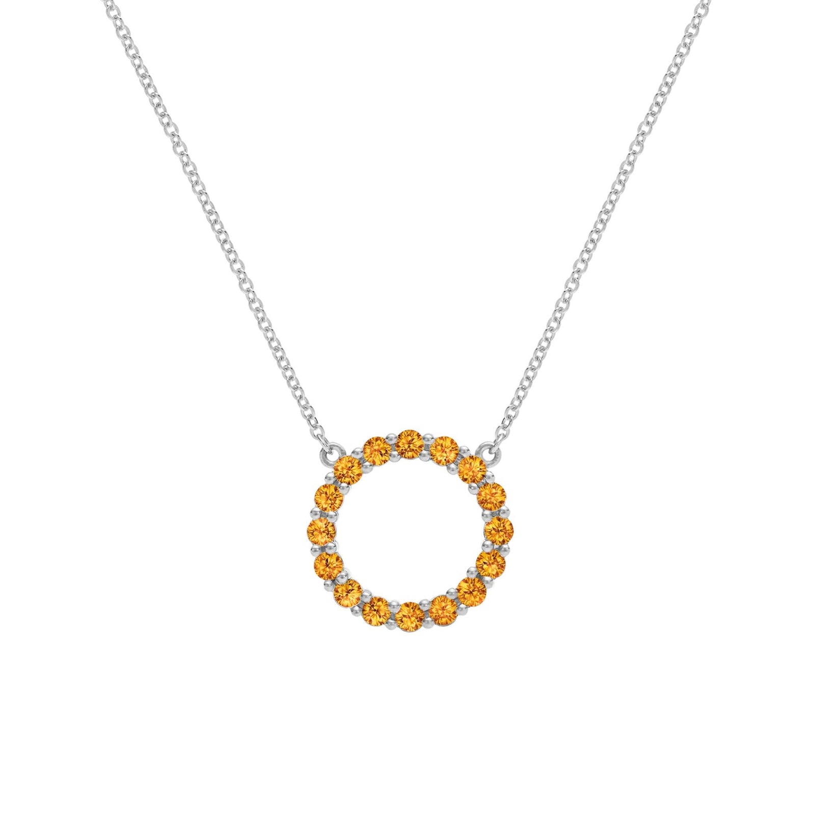 Rosecliff open circle necklace with sixteen 2 mm faceted round cut citrines prong set in 14k white gold