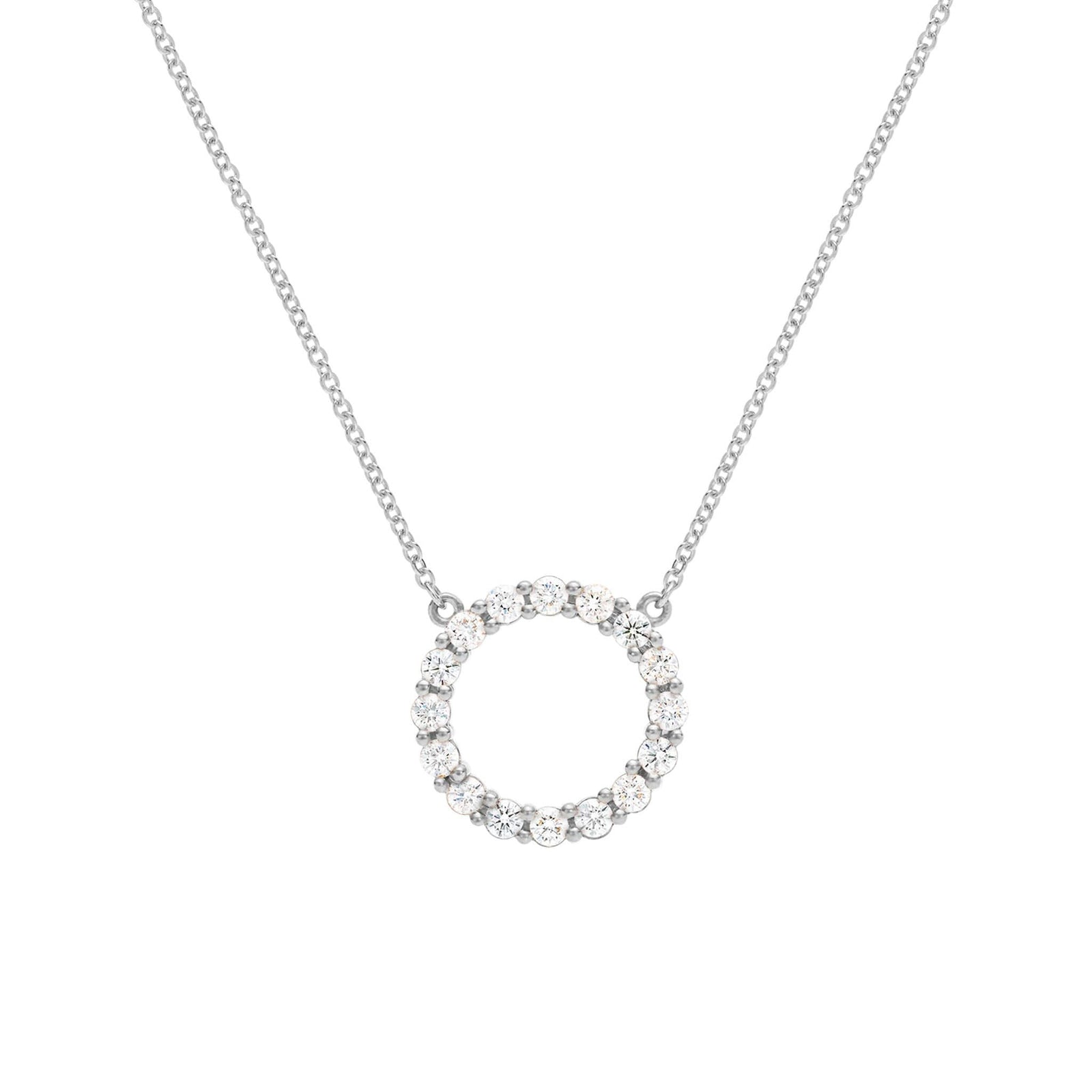 Rosecliff open circle necklace with sixteen 2 mm faceted round cut diamonds prong set in 14k white gold