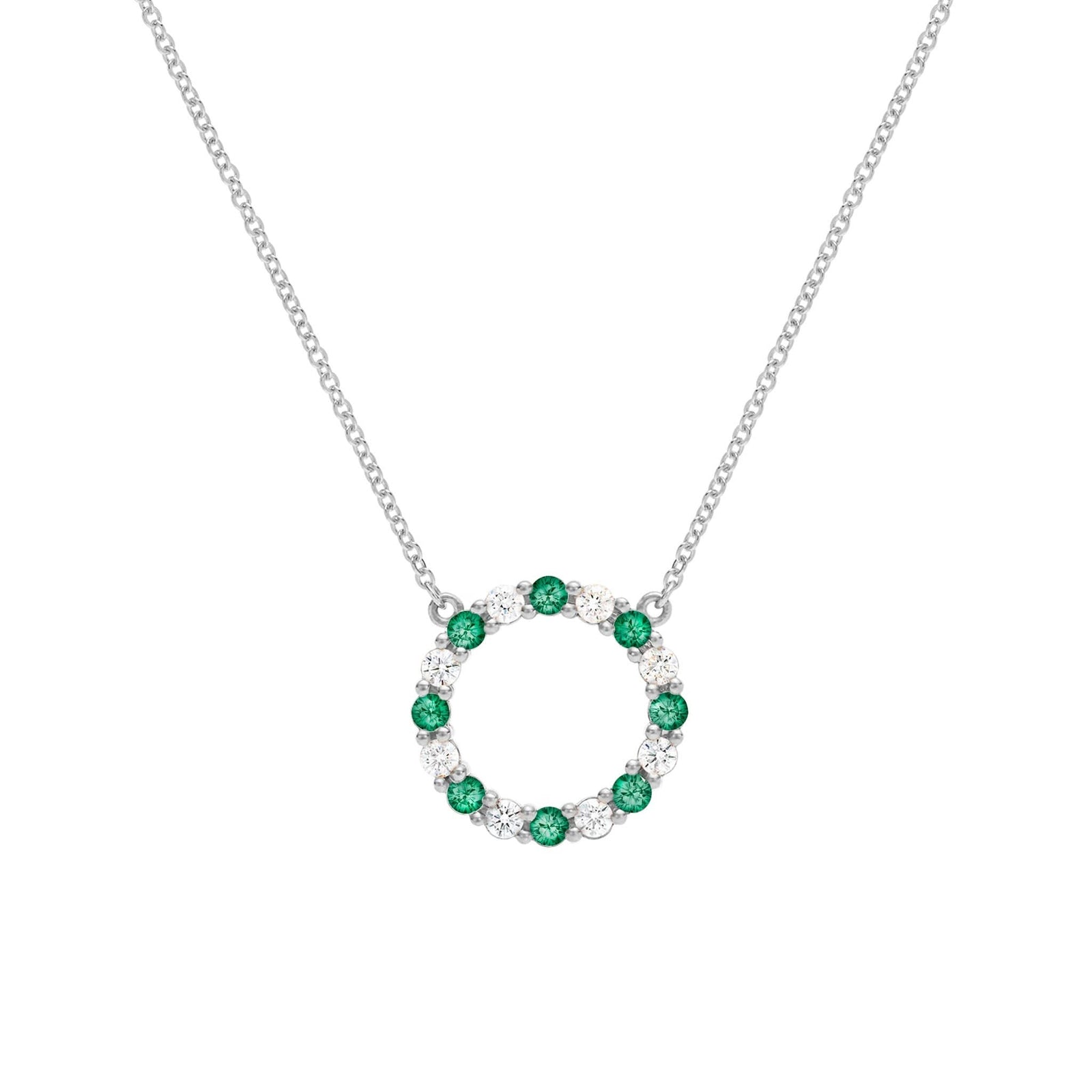 Rosecliff open circle necklace with sixteen alternating 2 mm round cut emeralds & diamonds prong set in 14k white gold