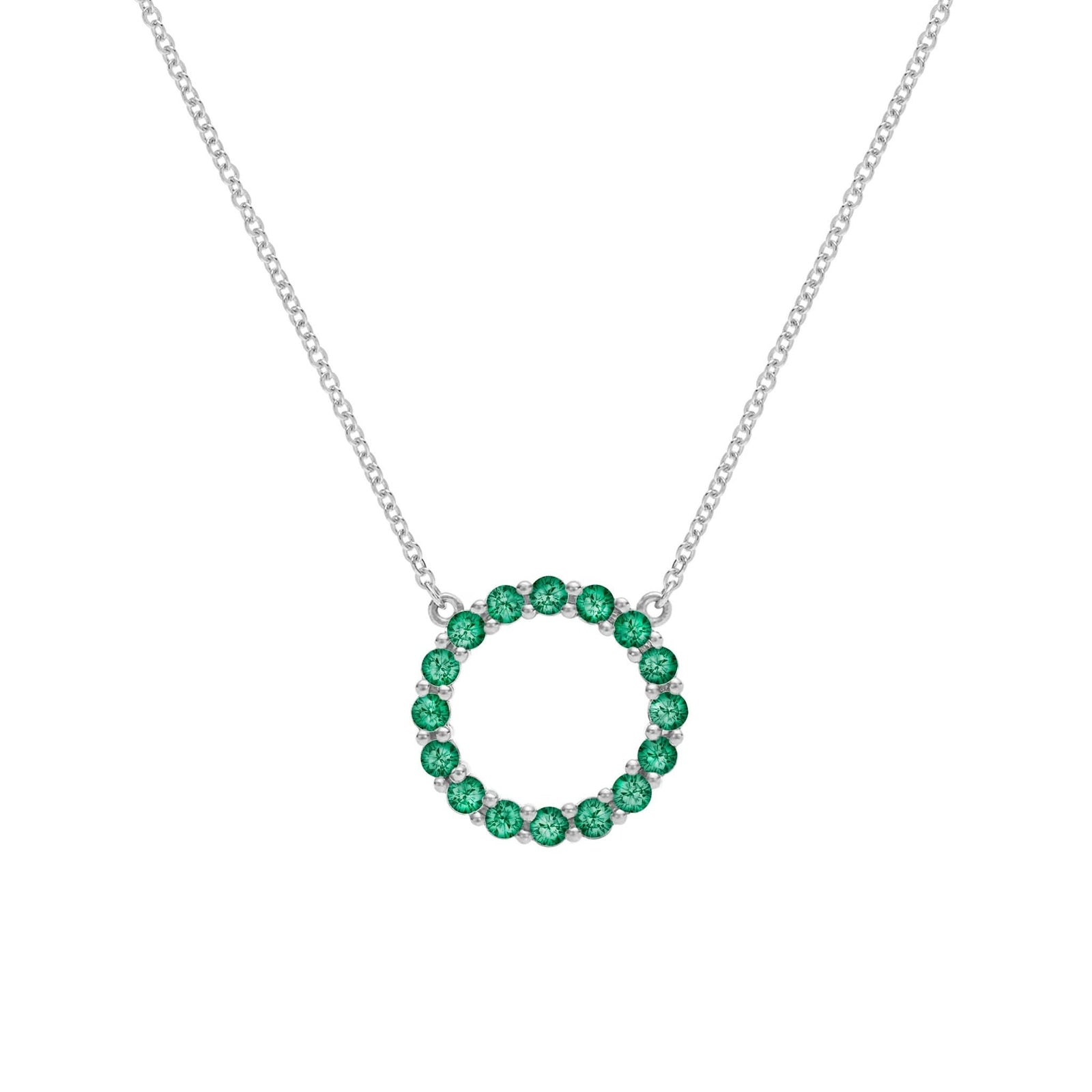 Rosecliff open circle necklace with sixteen 2 mm faceted round cut emeralds prong set in 14k white gold