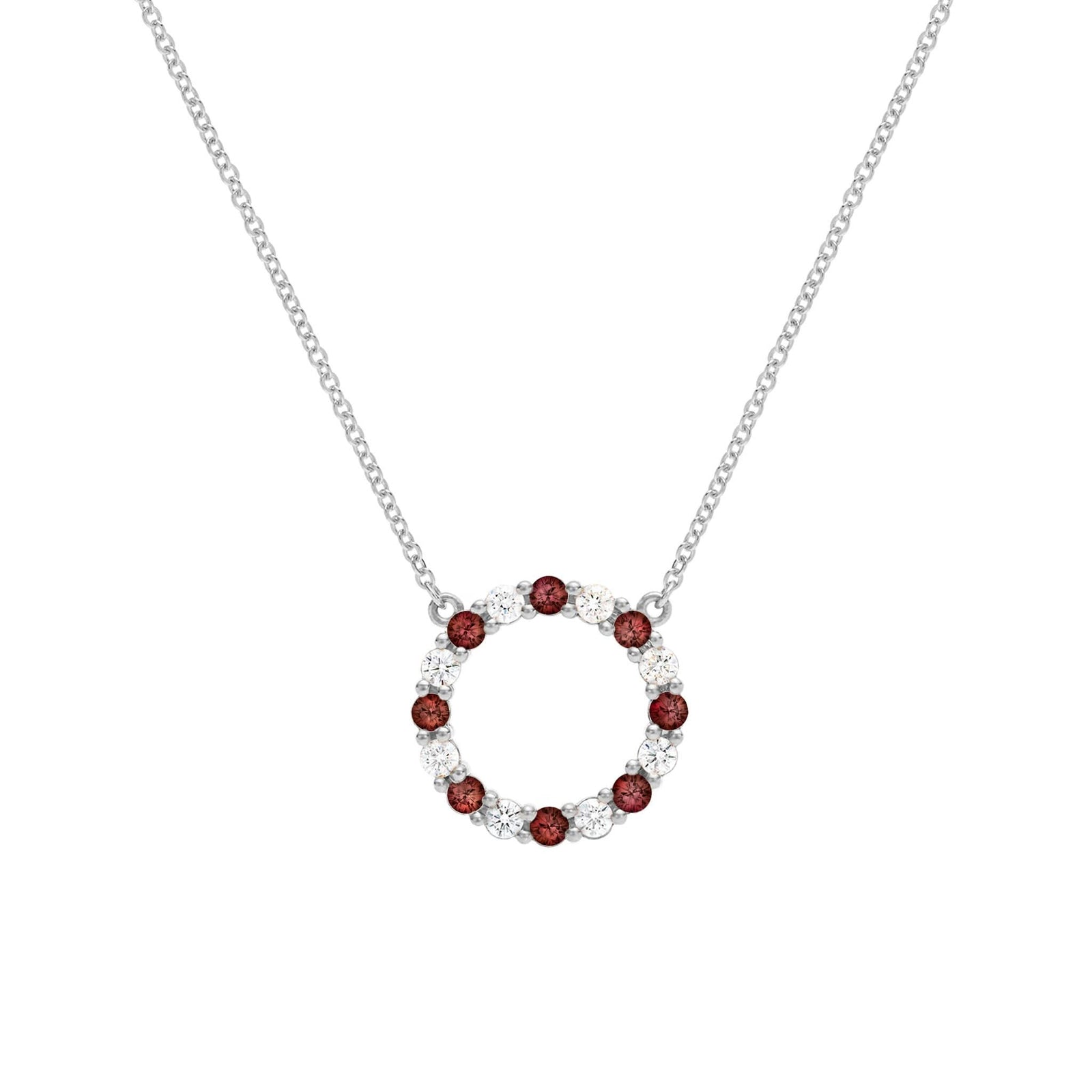 Rosecliff open circle necklace with sixteen alternating 2 mm round cut garnets & diamonds prong set in 14k white gold