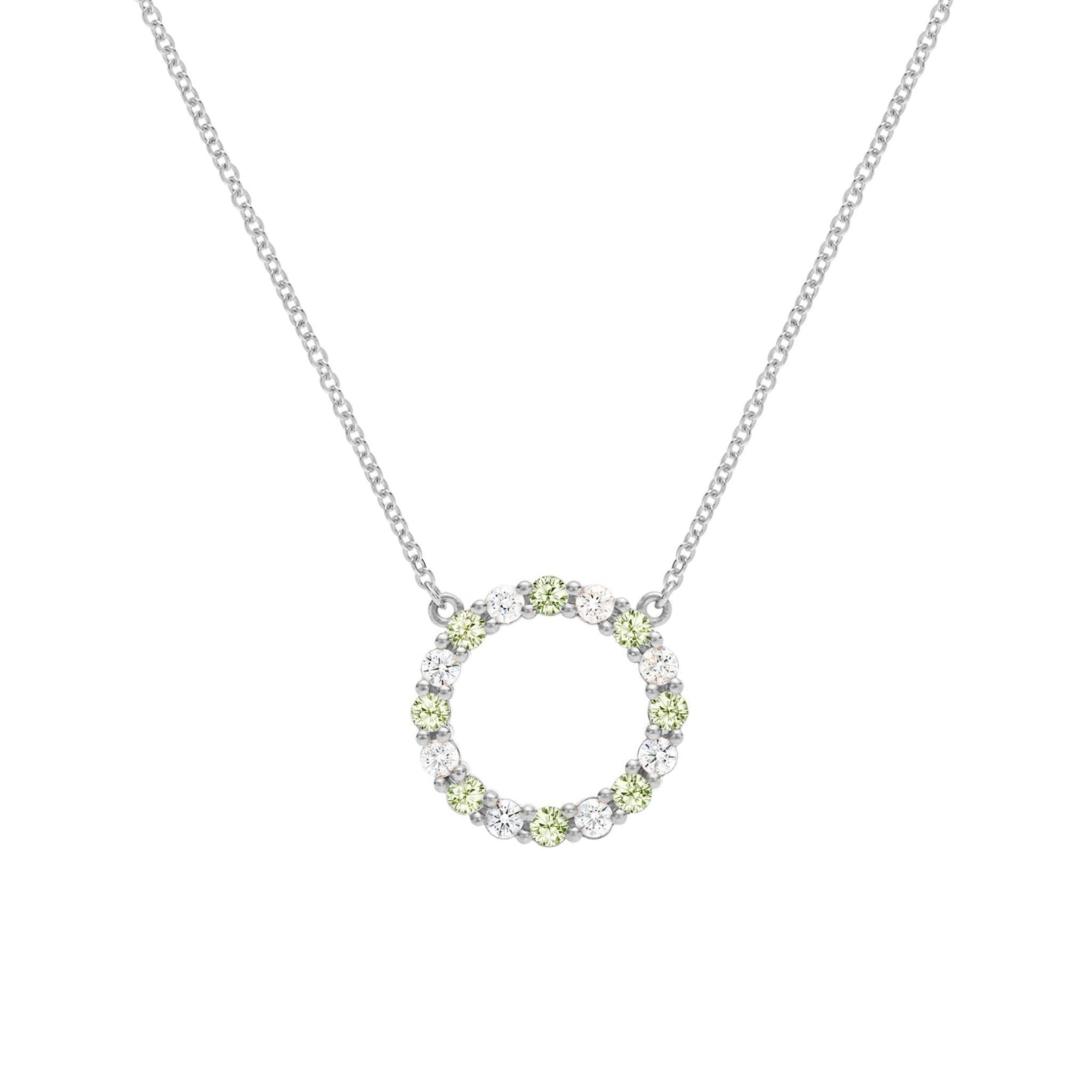 Rosecliff open circle necklace with 16 alternating 2 mm faceted round cut peridots & diamonds prong set in 14k white gold