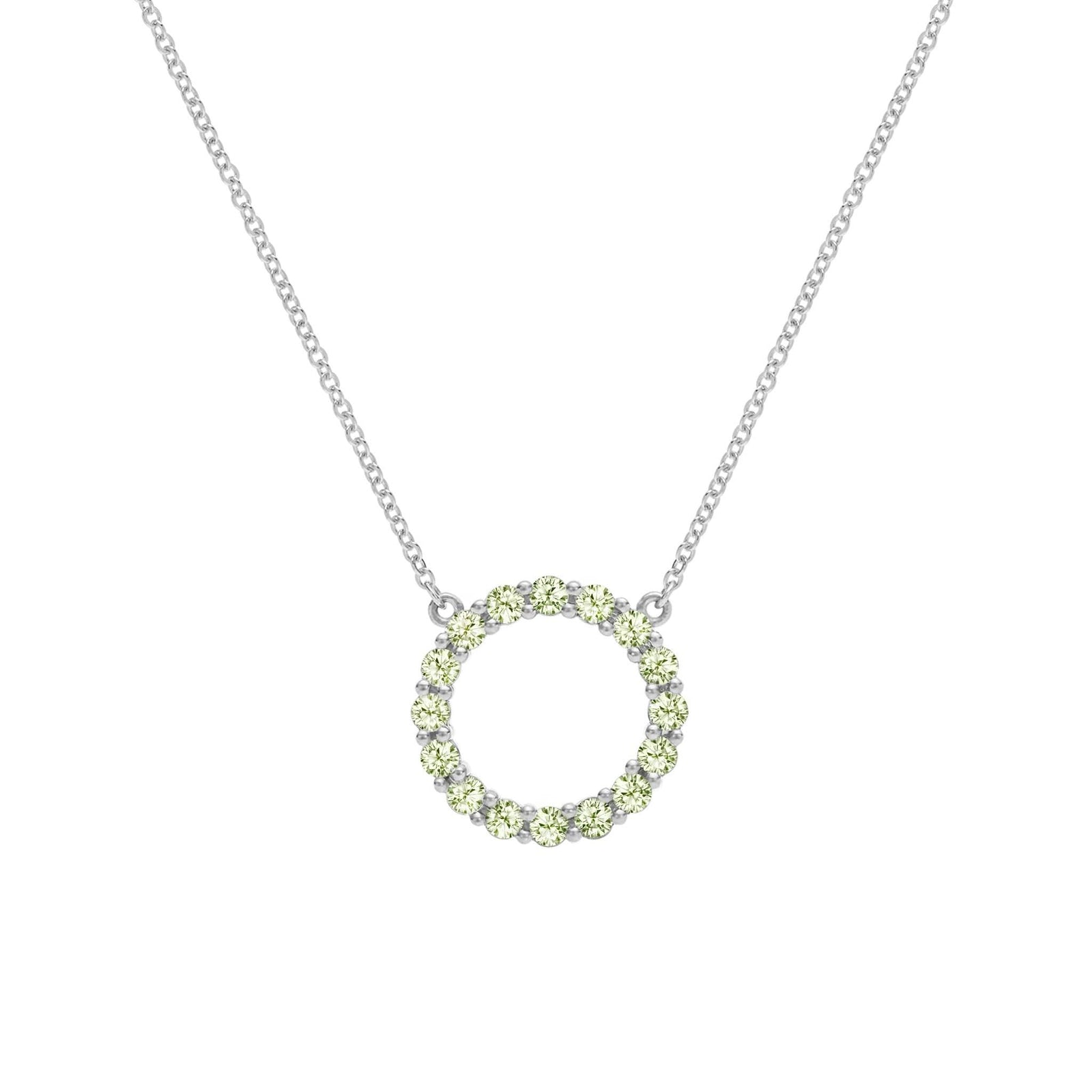 Rosecliff open circle necklace with sixteen 2 mm faceted round cut peridots prong set in 14k white gold