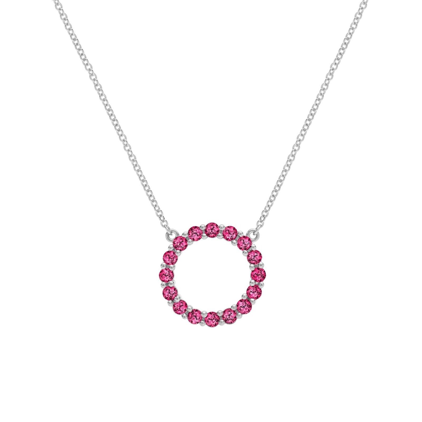 Rosecliff open circle necklace with sixteen 2 mm faceted round cut rubies prong set in 14k white gold