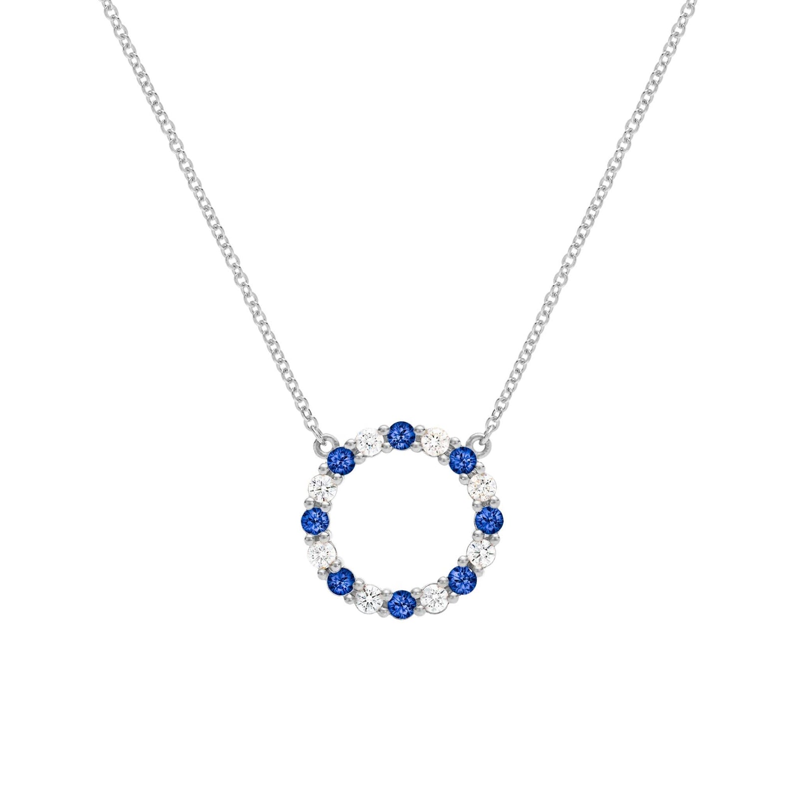 Rosecliff open circle necklace with sixteen alternating 2 mm round cut sapphires & diamonds prong set in 14k white gold