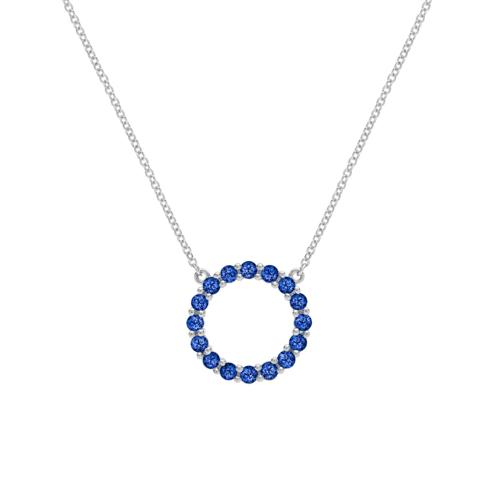 Rosecliff open circle necklace with sixteen 2 mm faceted round cut sapphires prong set in 14k white gold