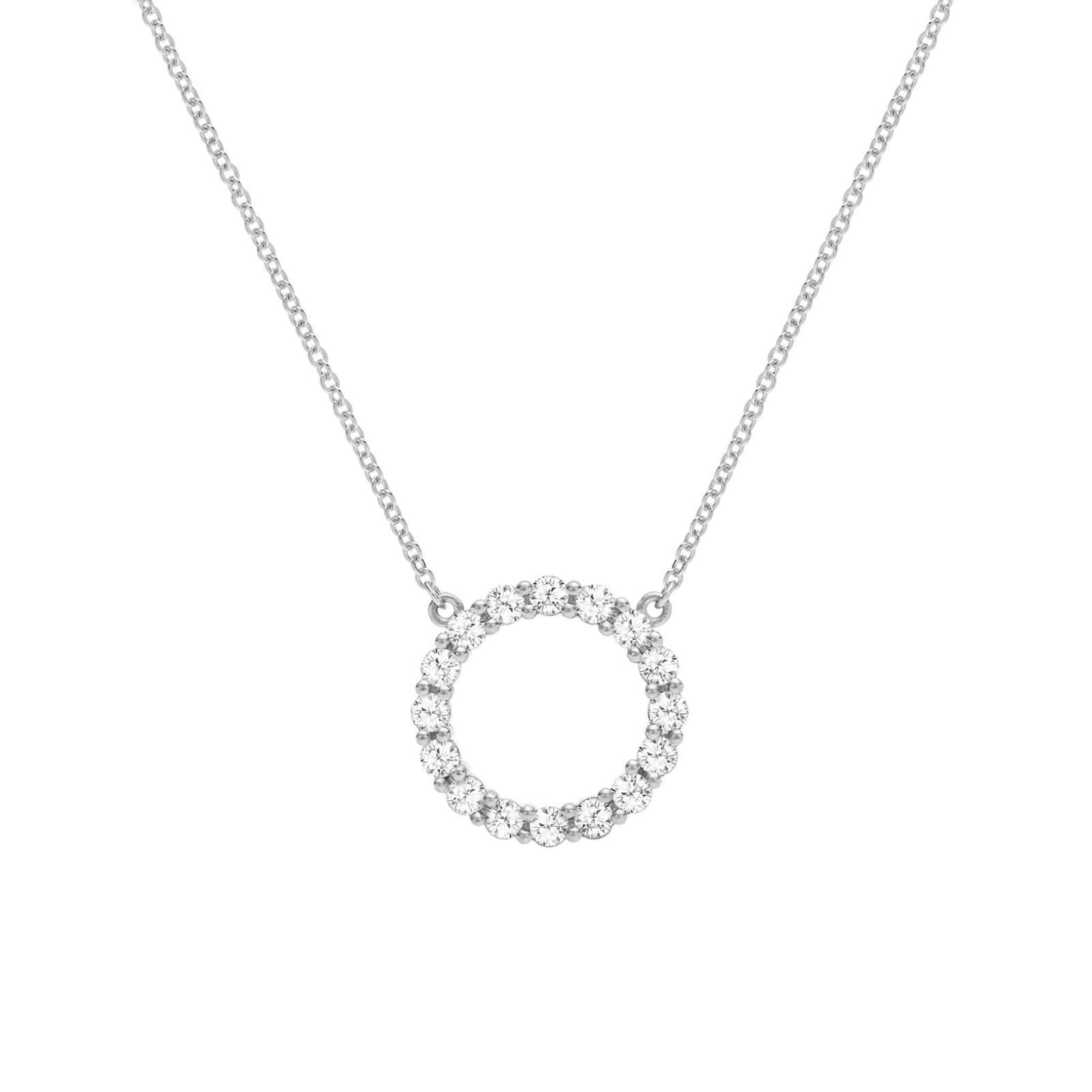 Rosecliff open circle necklace with sixteen 2 mm faceted round cut white topaz prong set in 14k white gold