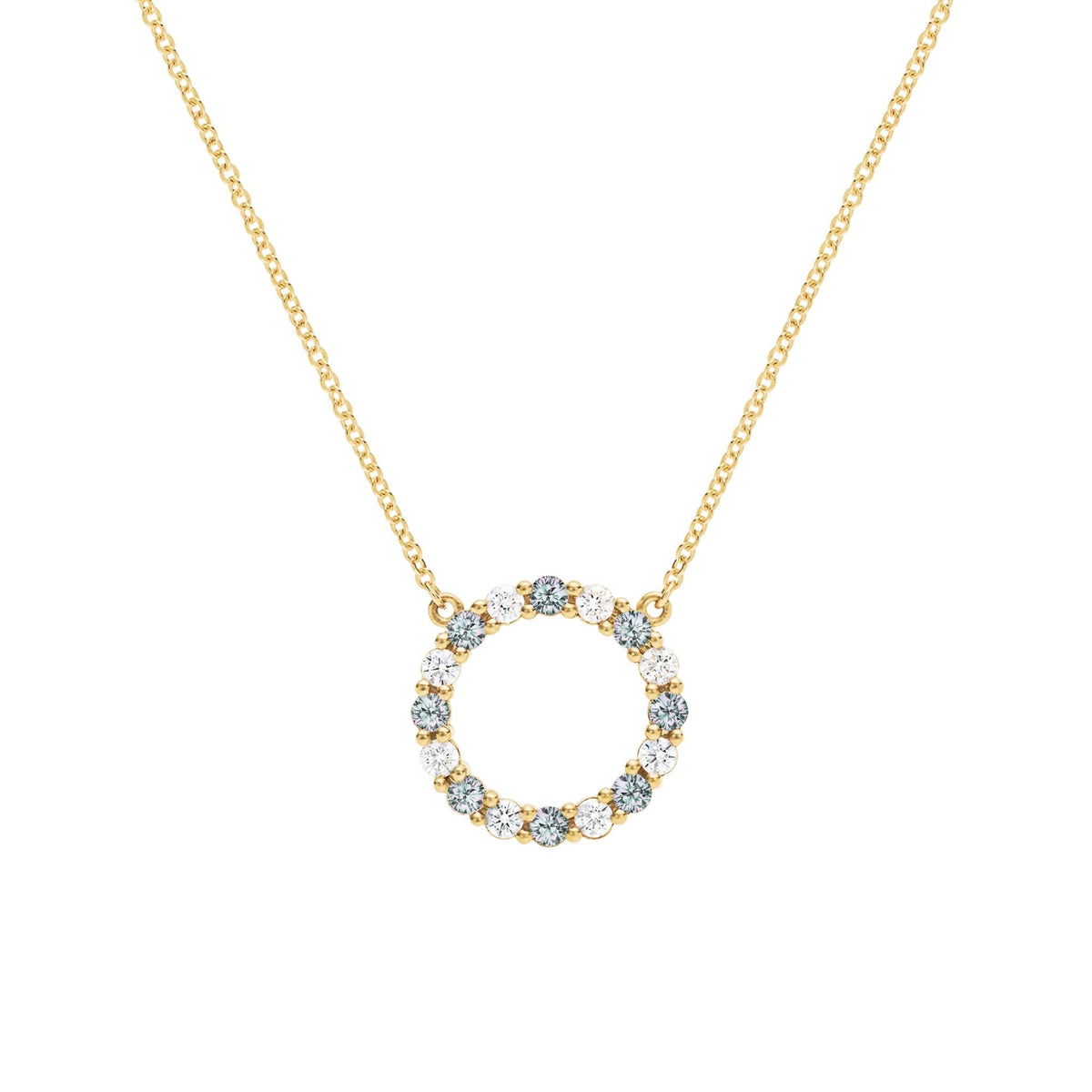 Rosecliff open circle necklace with 16 alternating 2 mm round cut alexandrites & diamonds prong set in 14k gold - front view