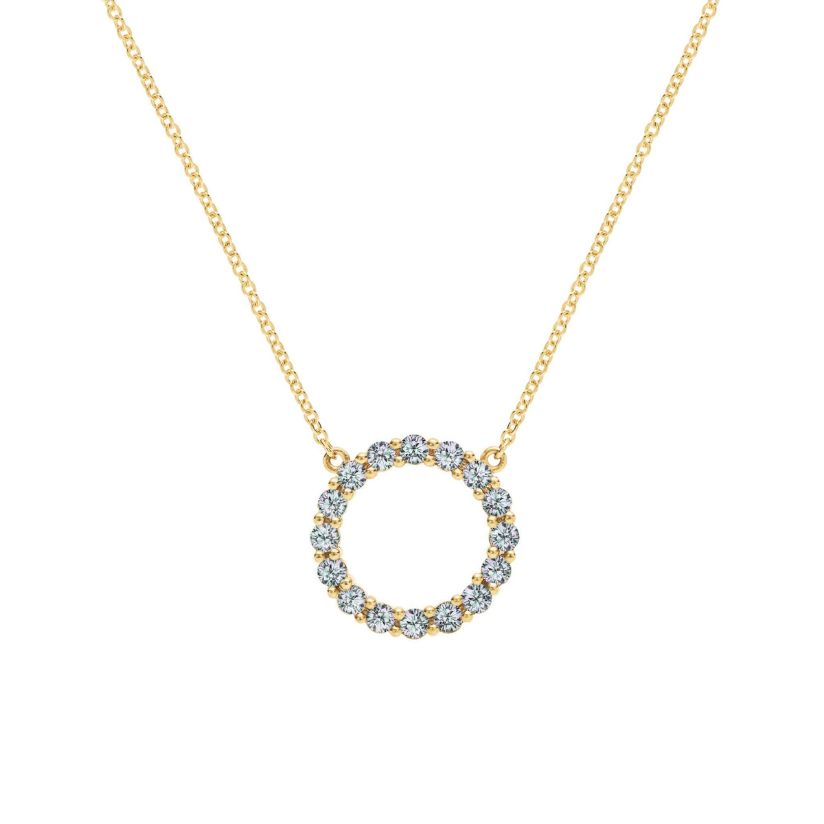Rosecliff open circle necklace with sixteen 2 mm faceted round cut alexandrites prong set in 14k yellow gold - front view