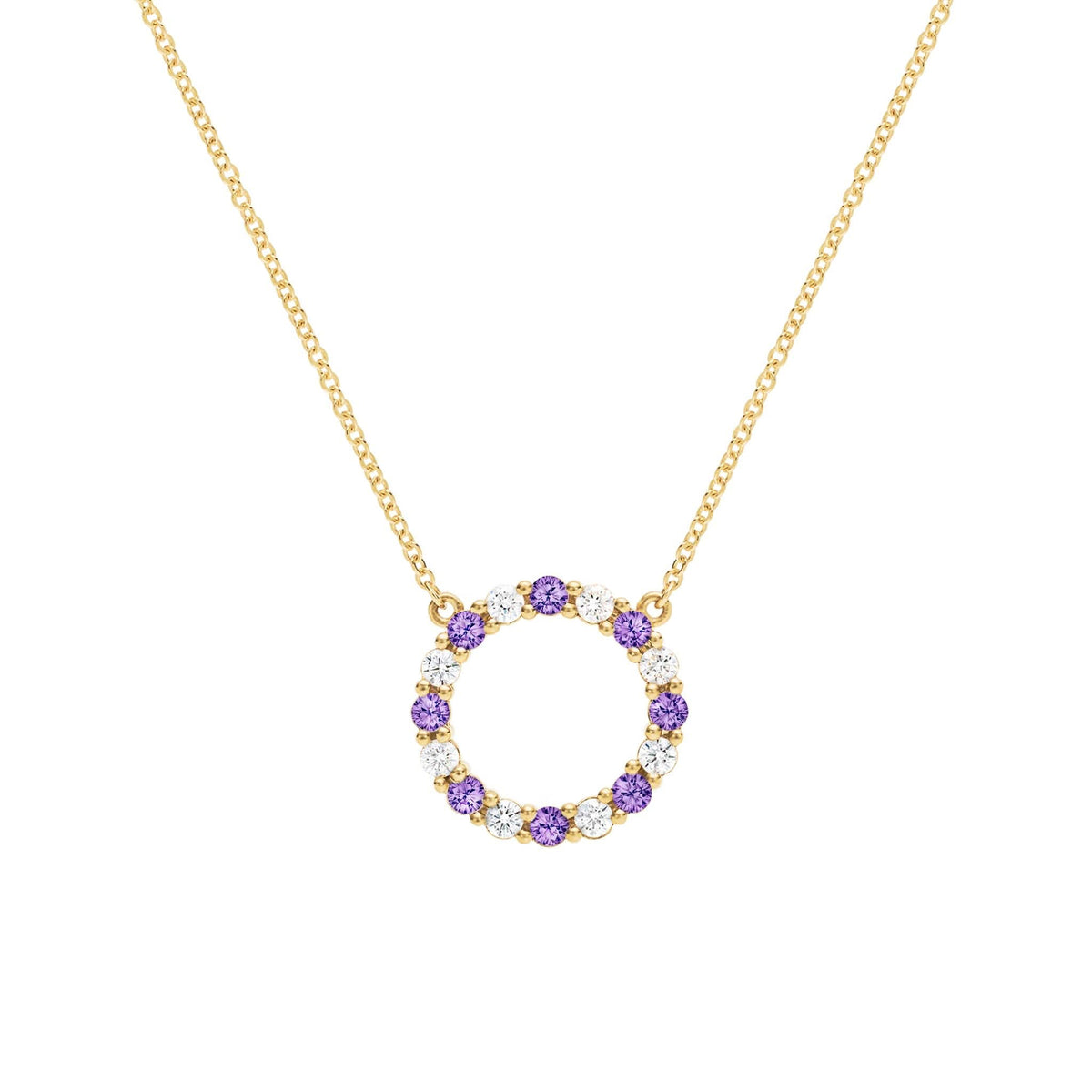 Rosecliff open circle necklace with 16 alternating 2 mm round cut amethysts & diamonds prong set in 14k gold - front view