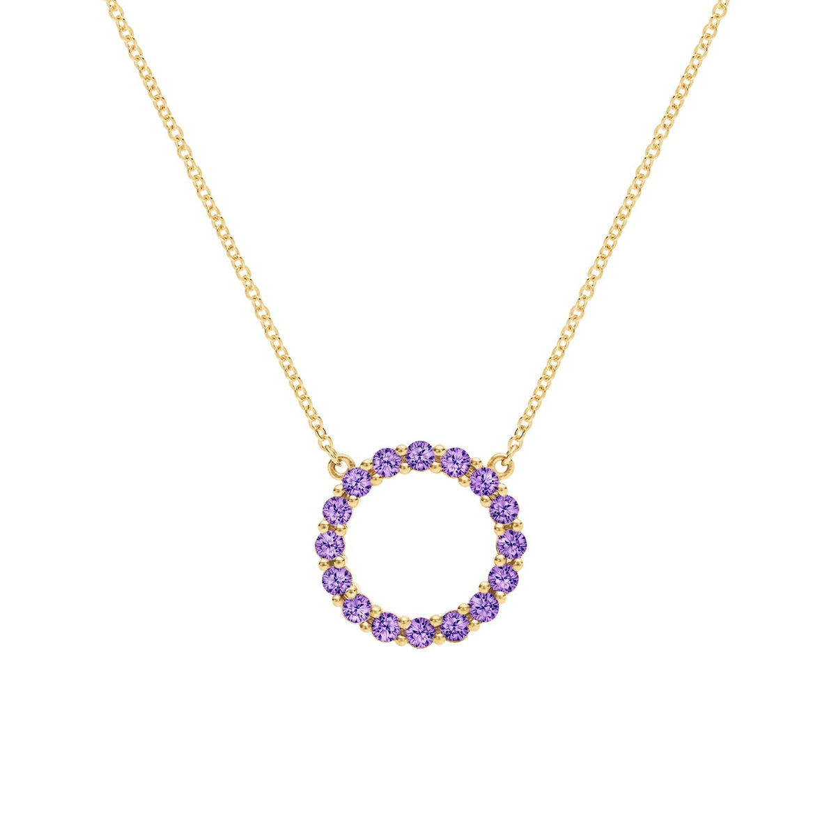 Rosecliff open circle necklace with sixteen 2 mm faceted round cut amethysts prong set in 14k yellow gold - front view