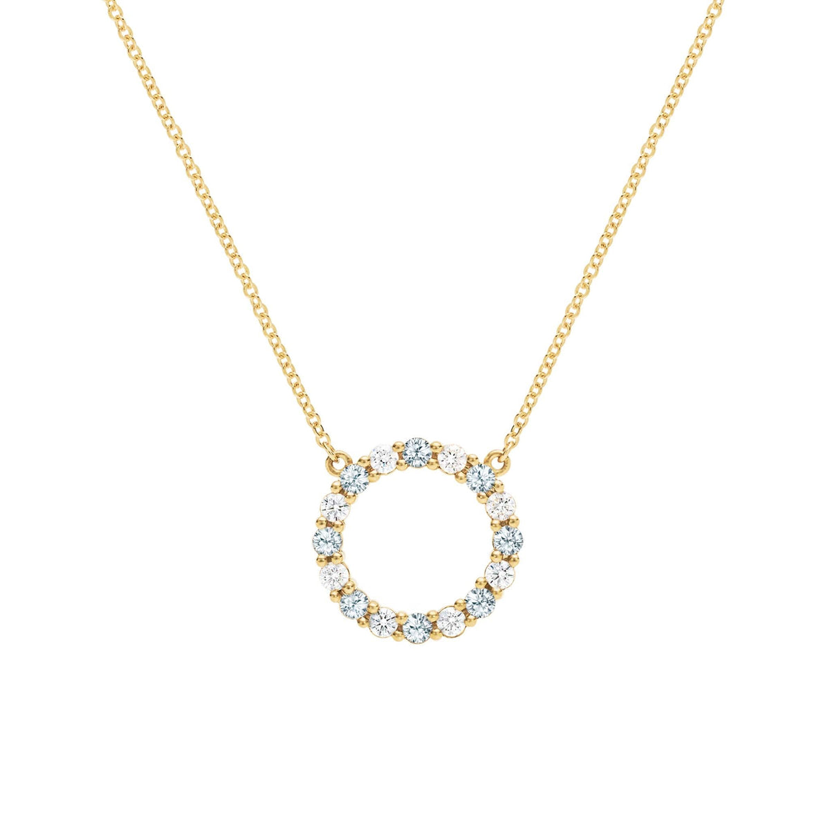 Rosecliff open circle necklace with 16 alternating 2 mm round cut aquamarines & diamonds prong set in 14k gold - front view