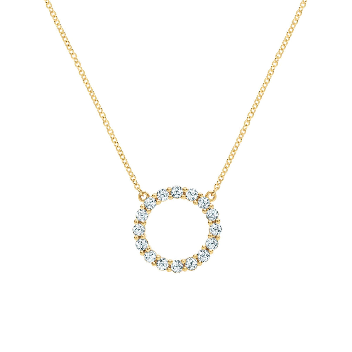 Rosecliff open circle necklace with sixteen 2 mm faceted round cut aquamarines prong set in 14k yellow gold - front view
