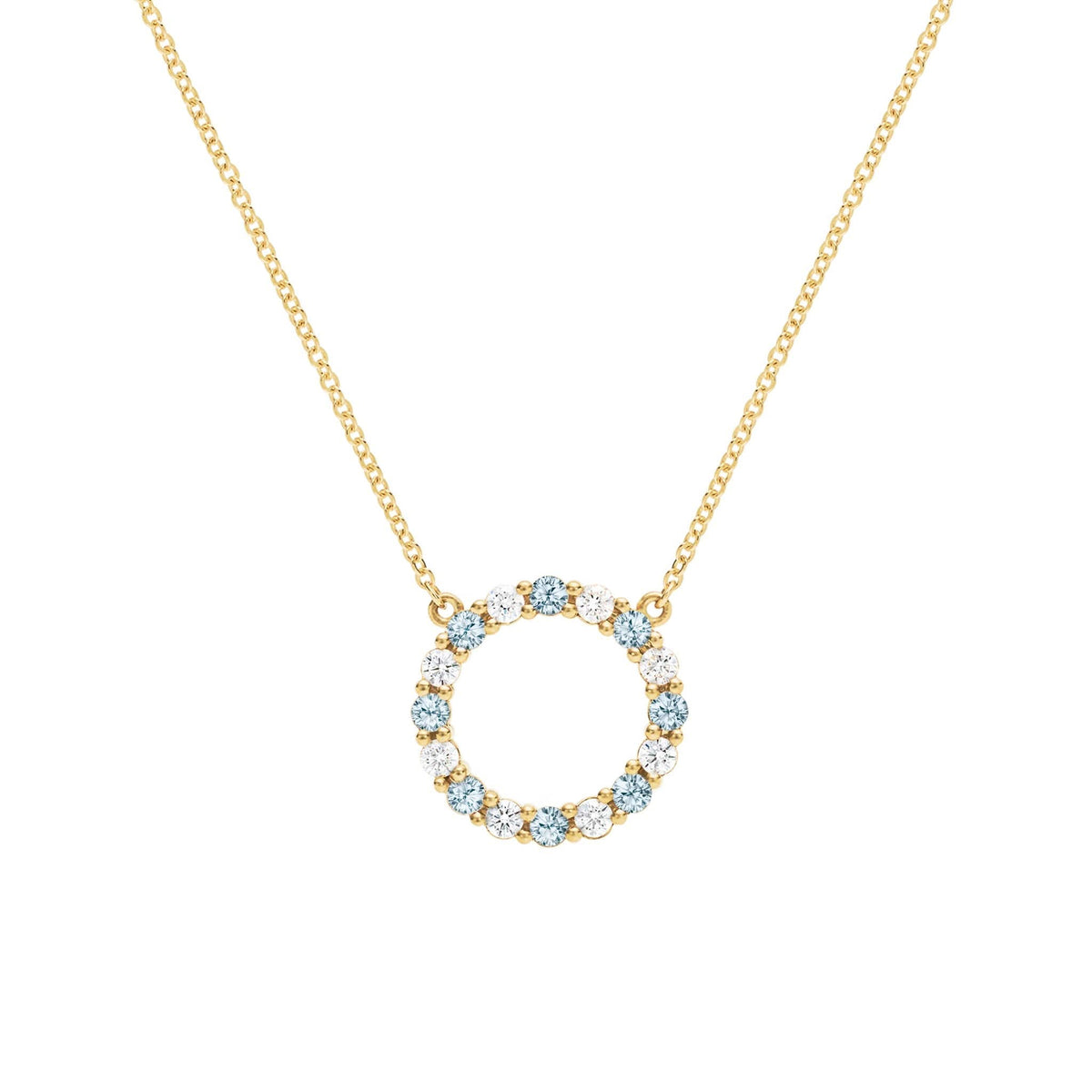 Rosecliff open circle necklace with 16 alternating 2 mm Nantucket blue topaz & diamonds prong set in 14k gold - front view