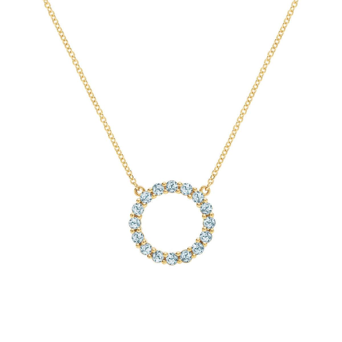 Rosecliff open circle necklace with sixteen 2 mm faceted round cut Nantucket blue topaz prong set in 14k gold - front view
