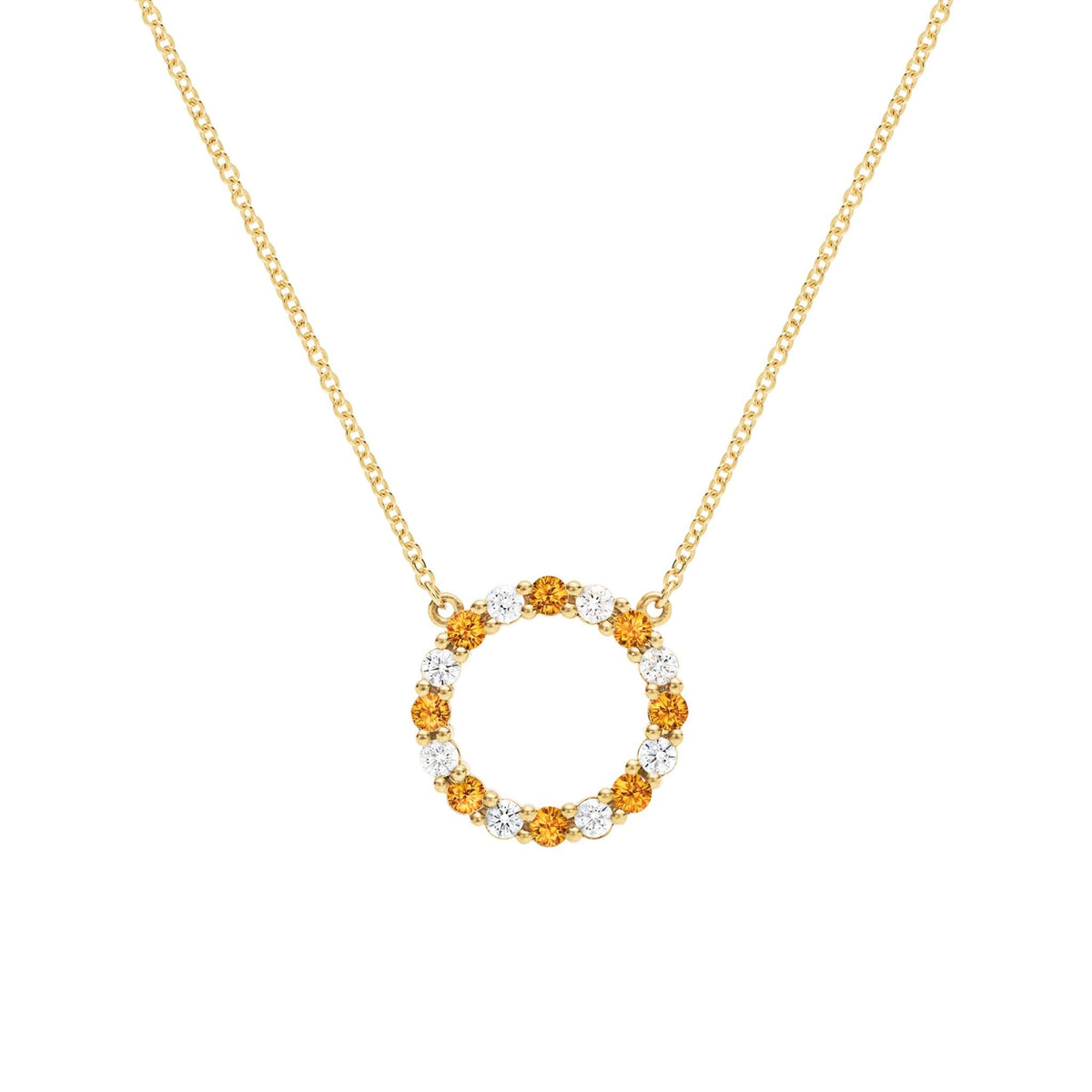 Rosecliff open circle necklace with 16 alternating 2 mm round cut citrines & diamonds prong set in 14k gold - front view