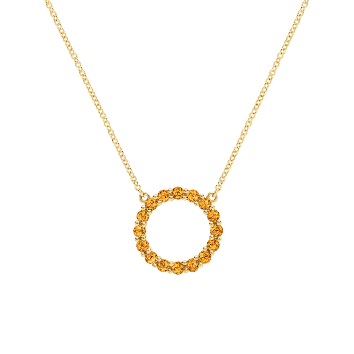 Rosecliff open circle necklace with sixteen 2 mm faceted round cut citrines prong set in 14k yellow gold - front view