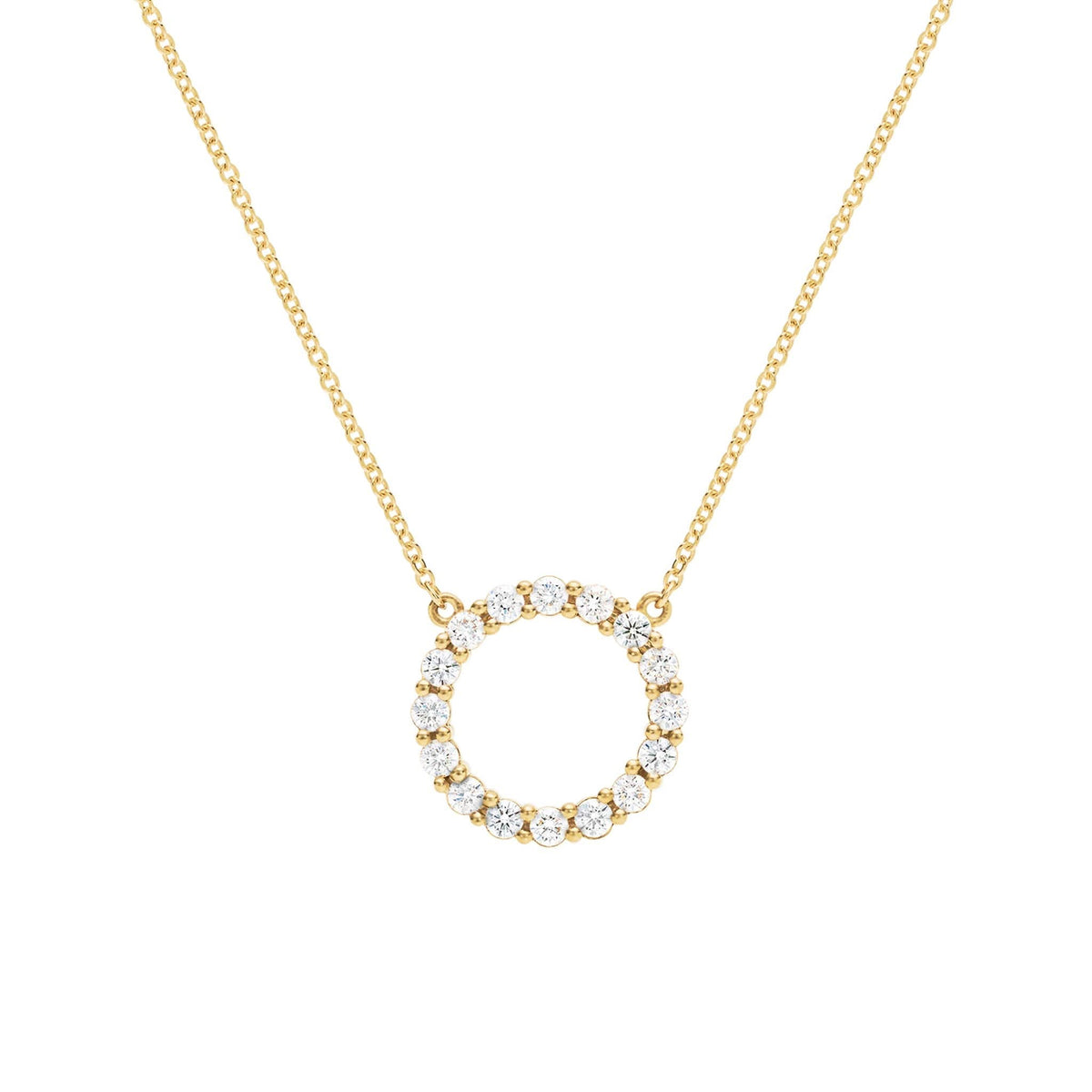 Rosecliff open circle necklace with sixteen 2 mm faceted round cut diamonds prong set in 14k yellow gold - front view