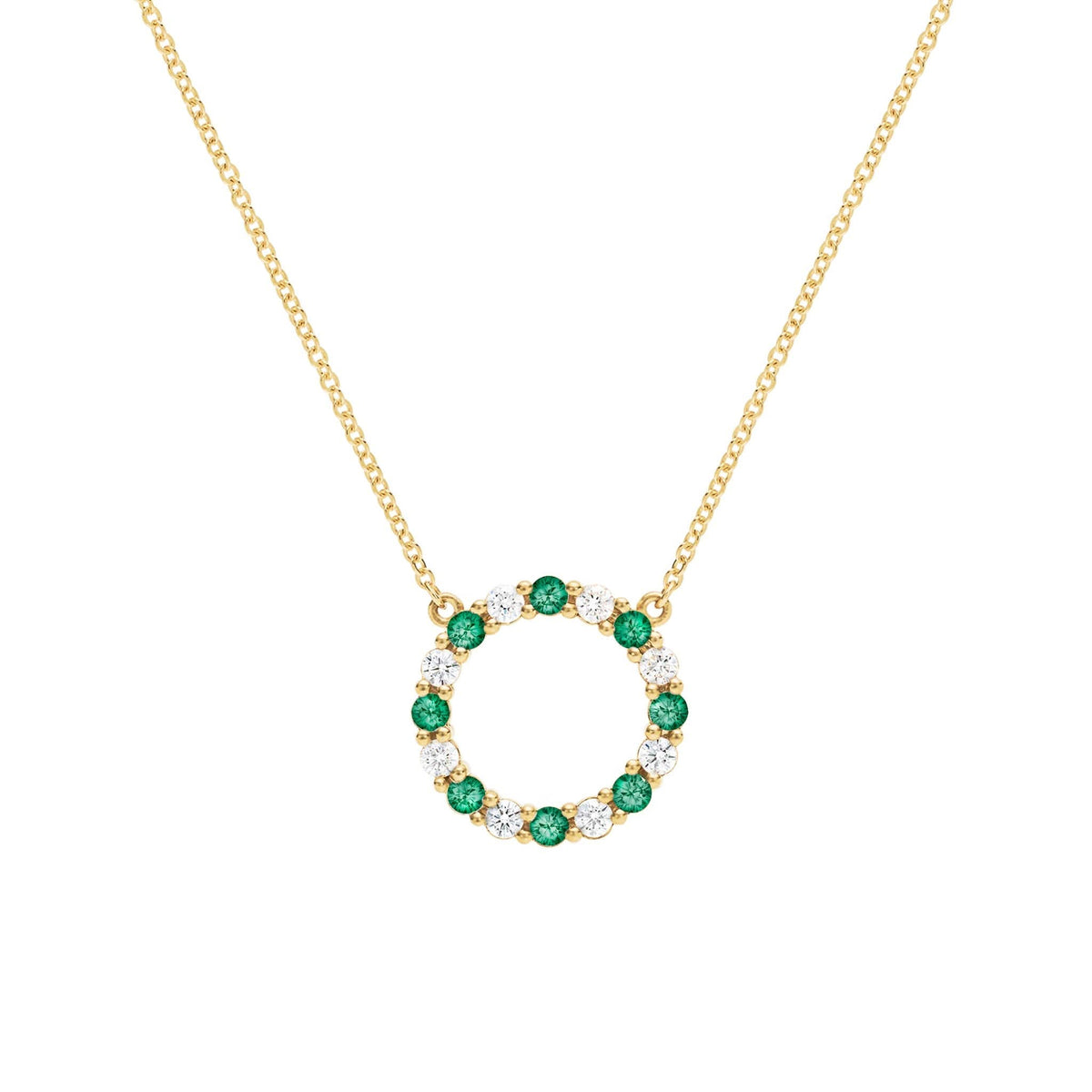 Rosecliff open circle necklace with 16 alternating 2 mm round cut emeralds & diamonds prong set in 14k gold - front view