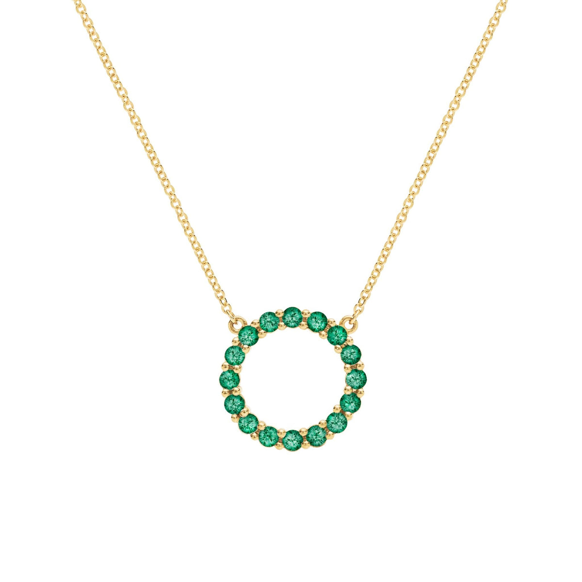 Rosecliff open circle necklace with sixteen 2 mm faceted round cut emeralds prong set in 14k yellow gold - front view