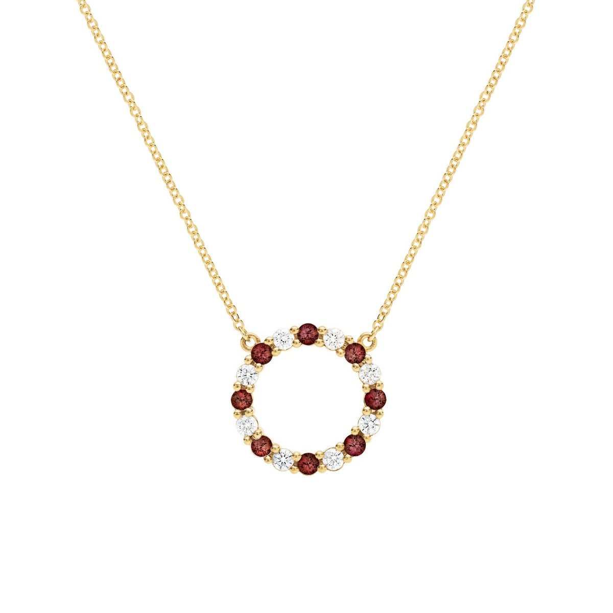 Rosecliff open circle necklace with 16 alternating 2 mm round cut garnets & diamonds prong set in 14k gold - front view