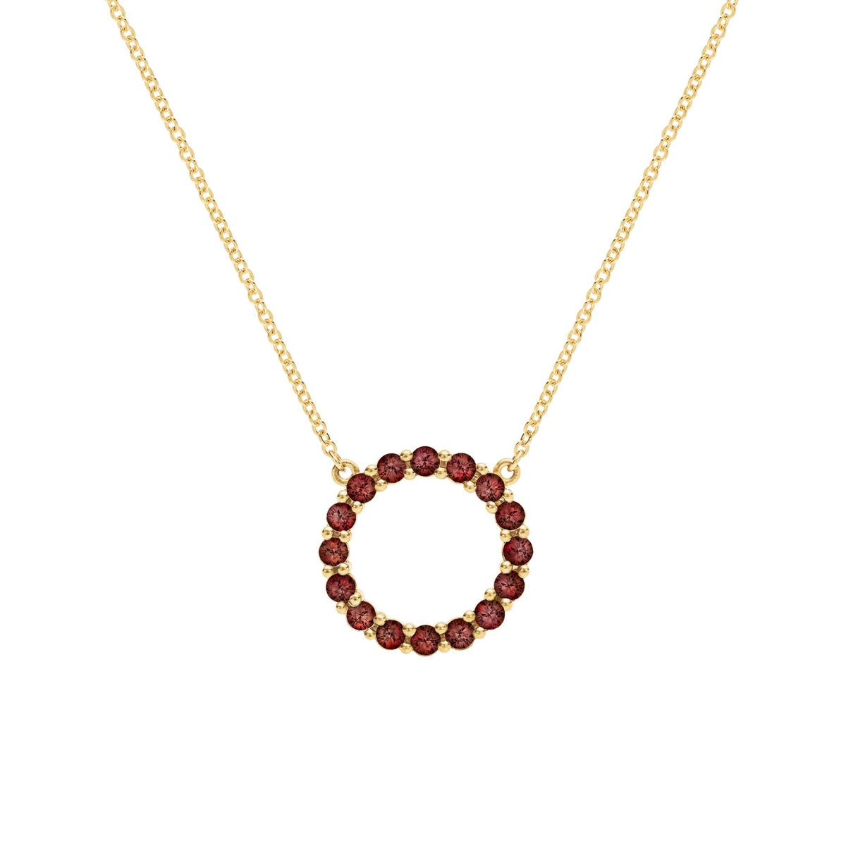 Rosecliff open circle necklace with sixteen 2 mm faceted round cut garnets prong set in 14k yellow gold - front view