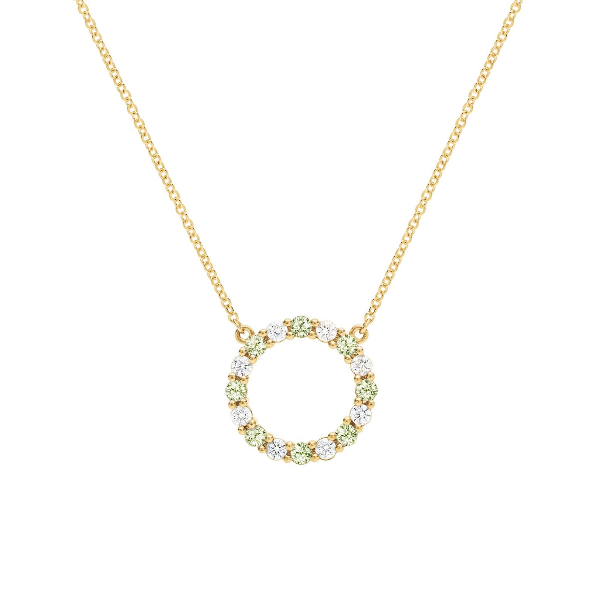 Rosecliff open circle necklace with sixteen alternating 2 mm round cut peridots & diamonds prong set in 14k gold - front view