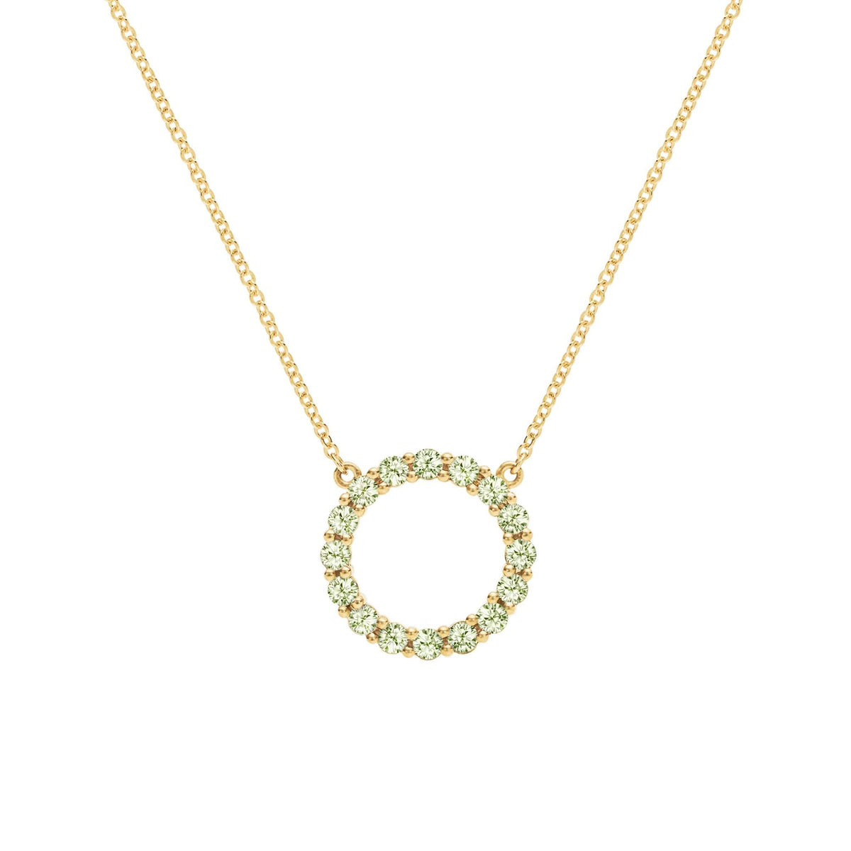 Rosecliff open circle necklace with sixteen 2 mm faceted round cut peridots prong set in 14k yellow gold - front view