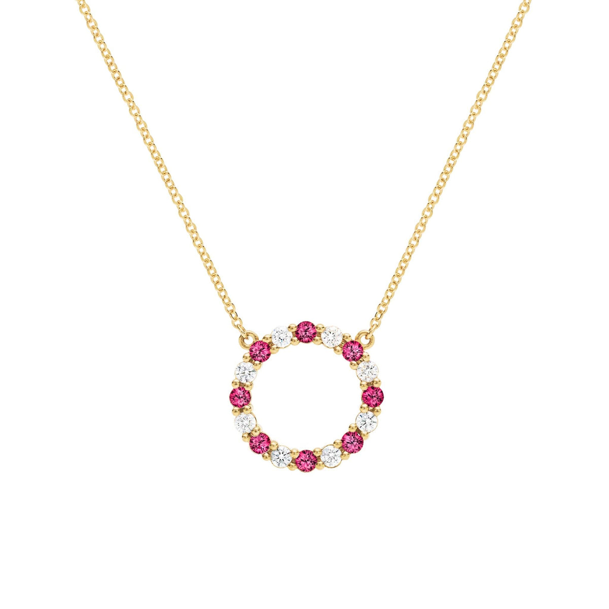 Rosecliff open circle necklace with sixteen alternating 2 mm round cut rubies & diamonds prong set in 14k gold - front view