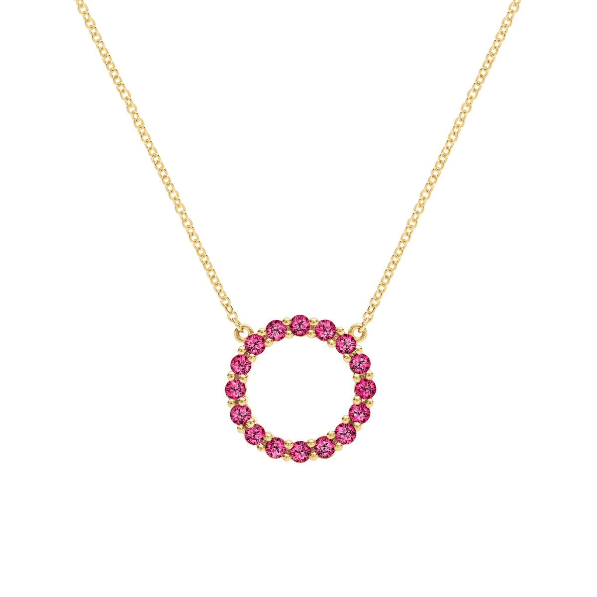 Rosecliff open circle necklace with sixteen 2 mm faceted round cut rubies prong set in 14k yellow gold - front view