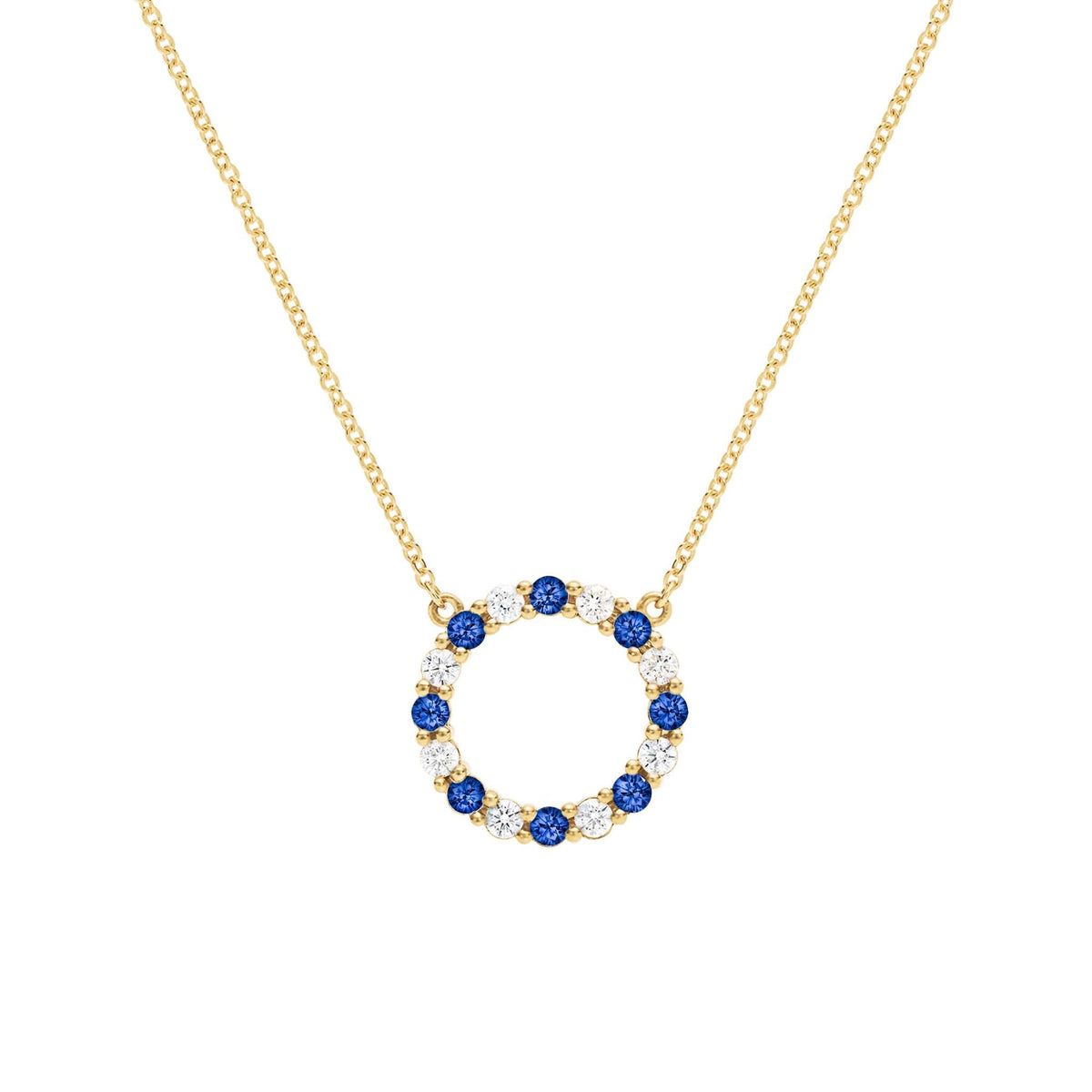 Rosecliff open circle necklace with sixteen alternating 2 mm faceted sapphires & diamonds prong set in 14k gold - front view