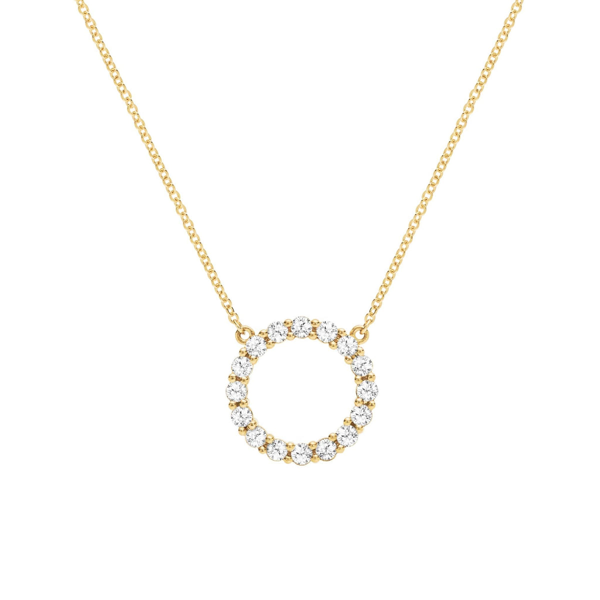 Rosecliff open circle necklace with sixteen 2 mm faceted round cut white topaz prong set in 14k yellow gold - front view