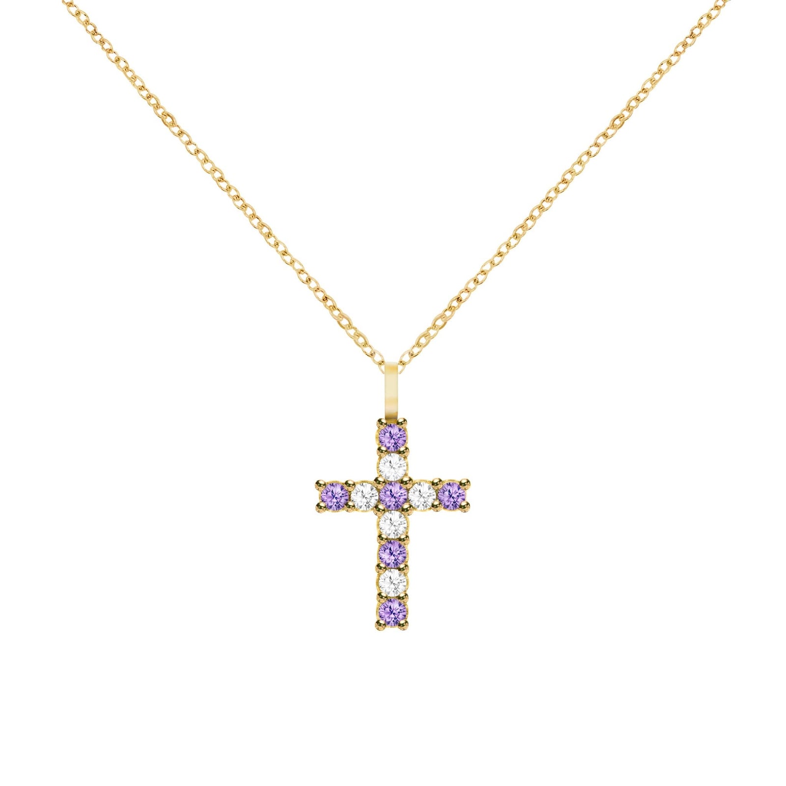 Rosecliff Cross Diamond & Amethyst Pendant in 14k Gold (February)