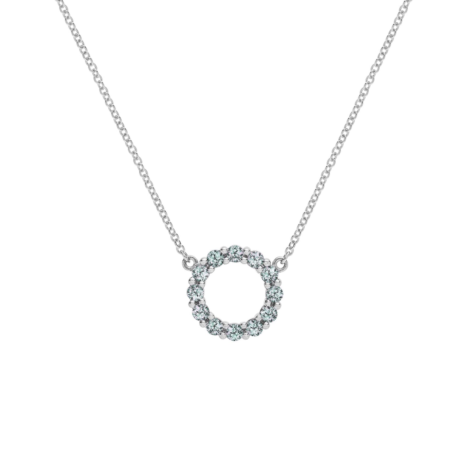 Rosecliff small circle necklace featuring twelve 2mm faceted round cut alexandrites prong set in 14k white gold