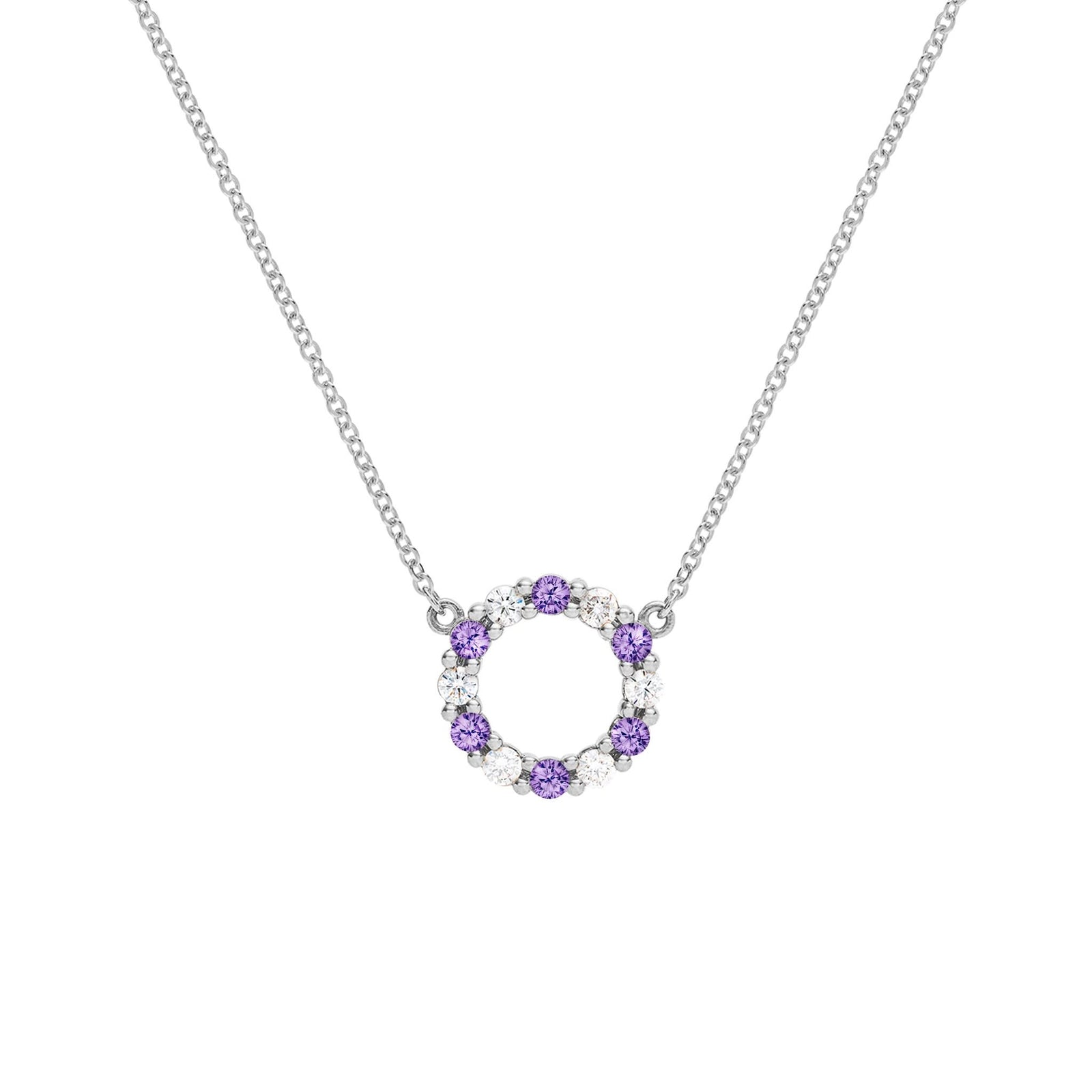 Rosecliff small open circle necklace with twelve alternating 2 mm round cut amethysts & diamonds prong set in 14k white gold