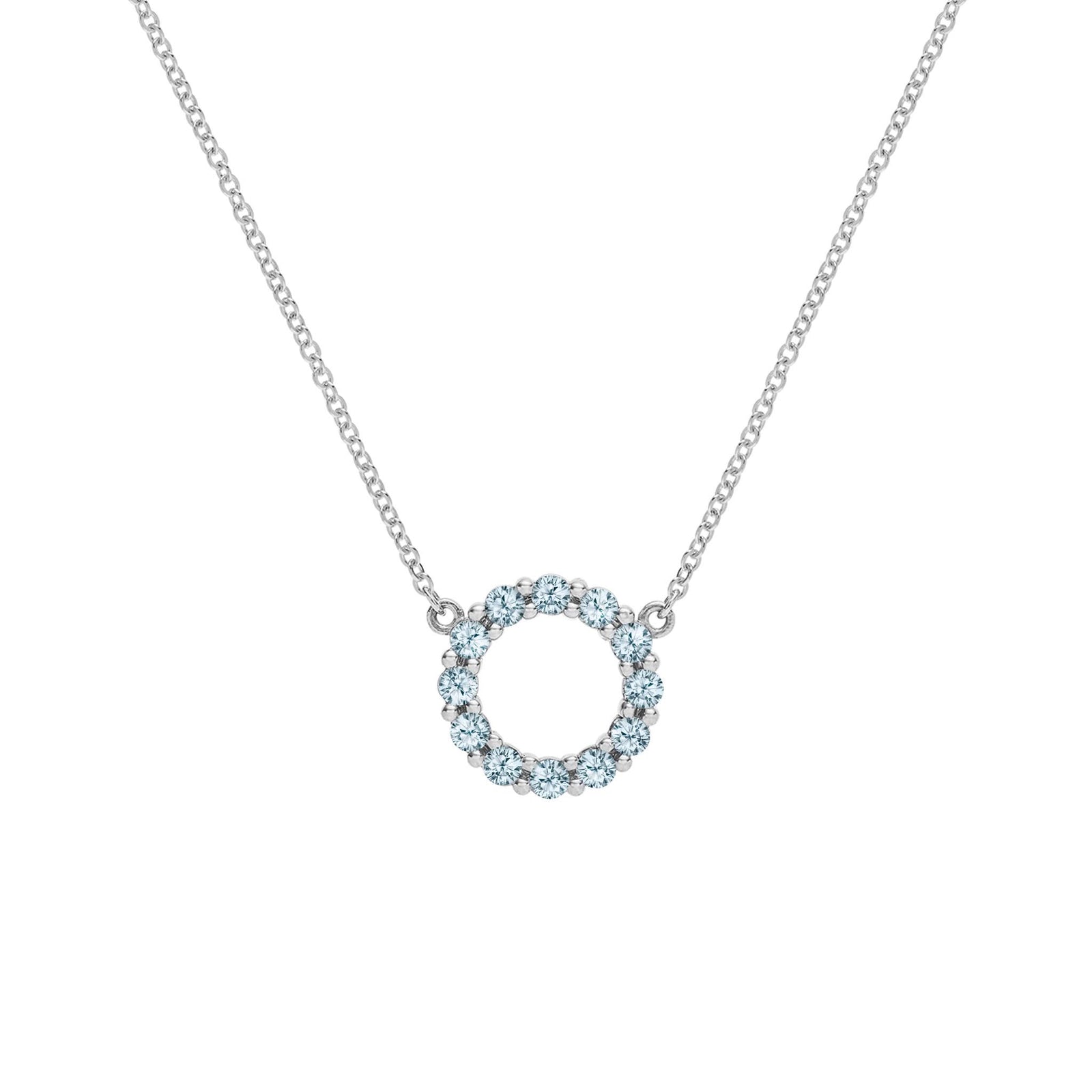 Rosecliff small open circle necklace featuring twelve 2mm faceted round cut Nantucket blue topaz prong set in 14k white gold